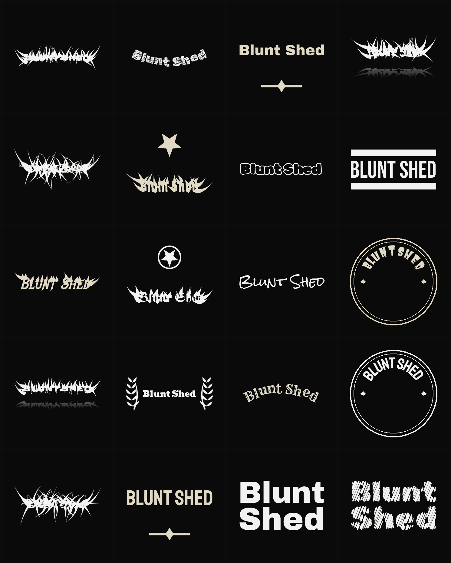 Twenty Blunt Shed band logo ideas — different faces, treatments and spike settings