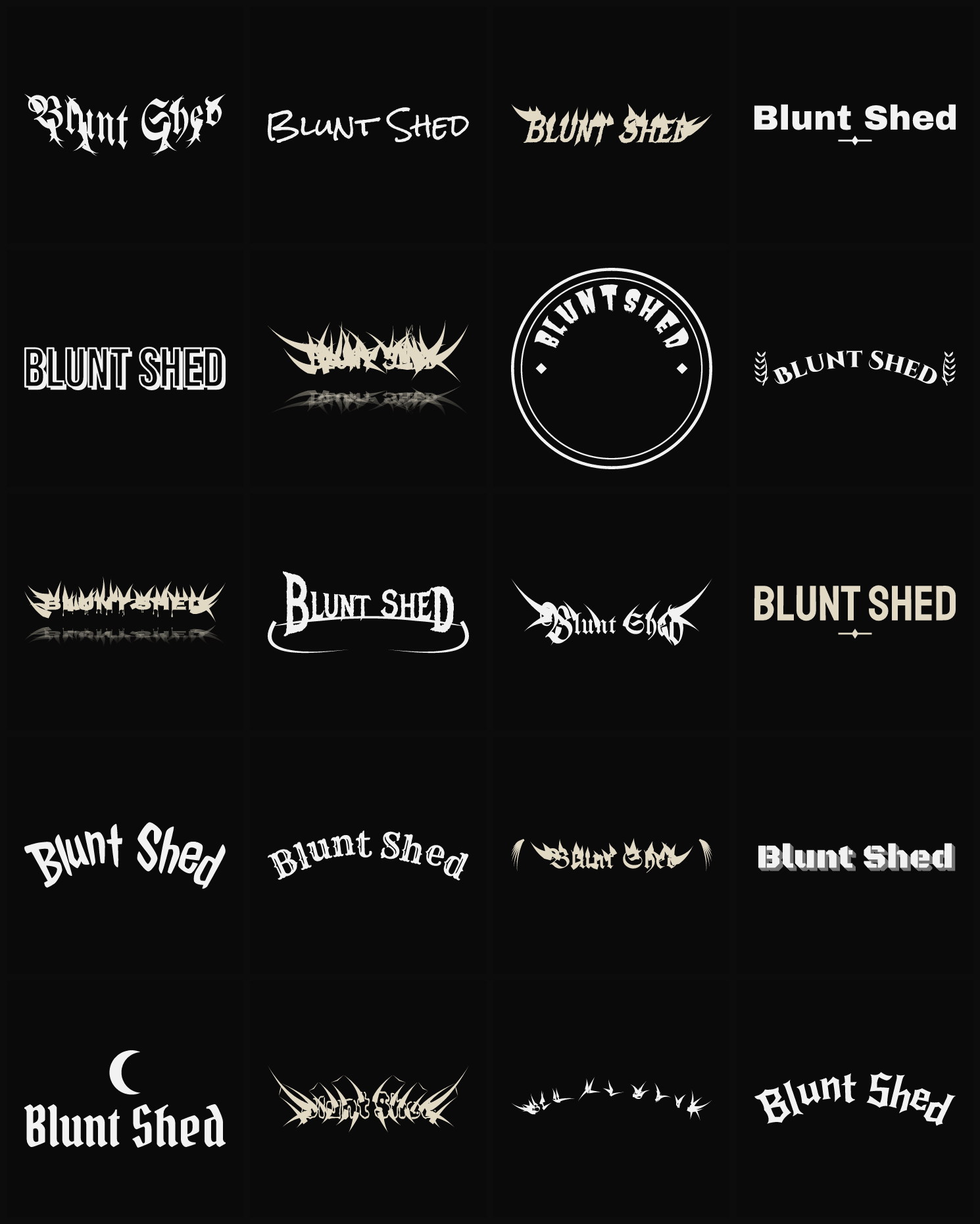 Twenty Blunt Shed band logo ideas — different faces, treatments and spike settings