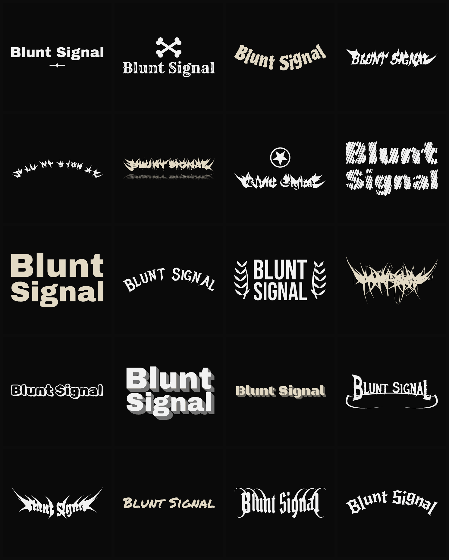 Twenty Blunt Signal band logo ideas — different faces, treatments and spike settings