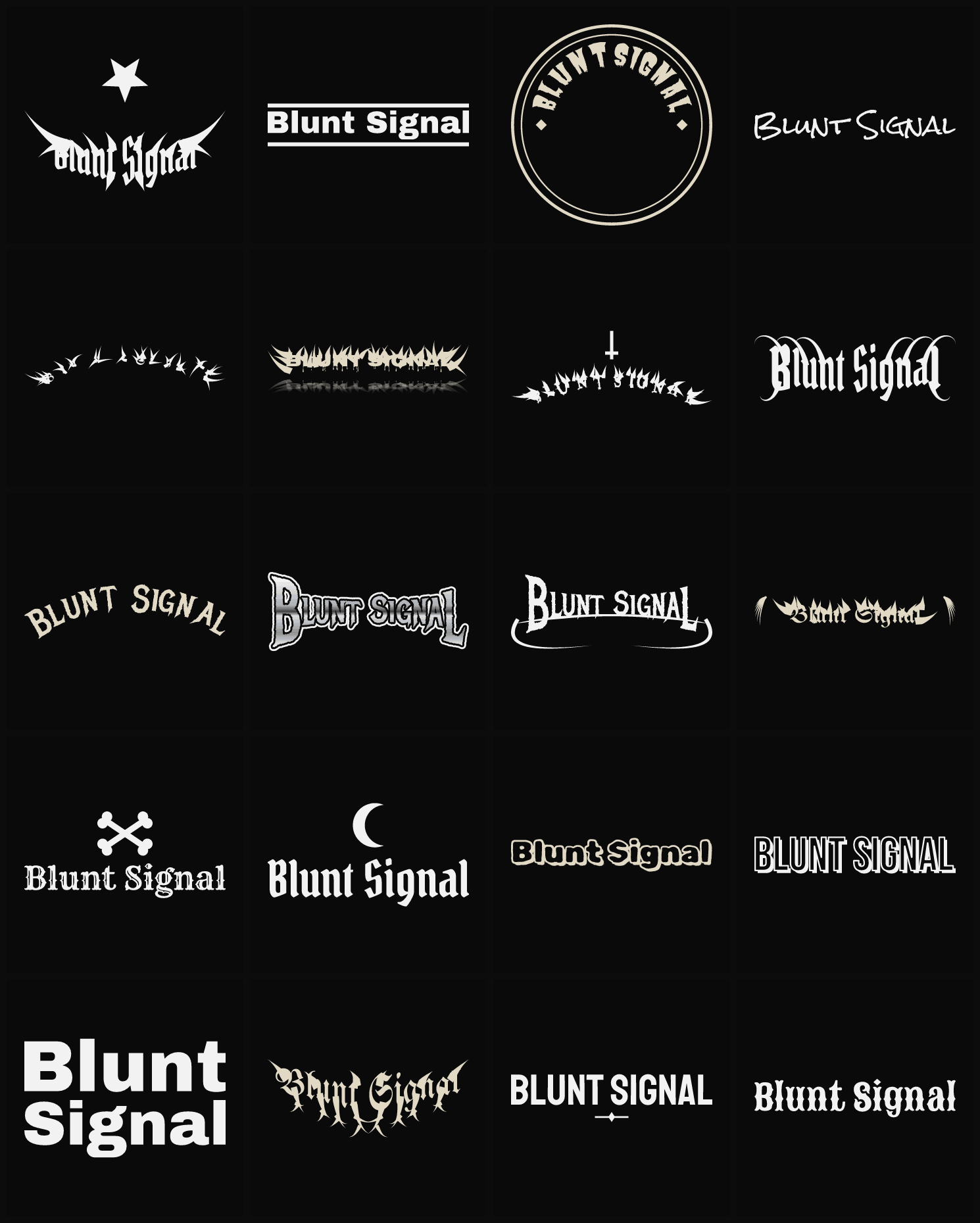 Twenty Blunt Signal band logo ideas — different faces, treatments and spike settings