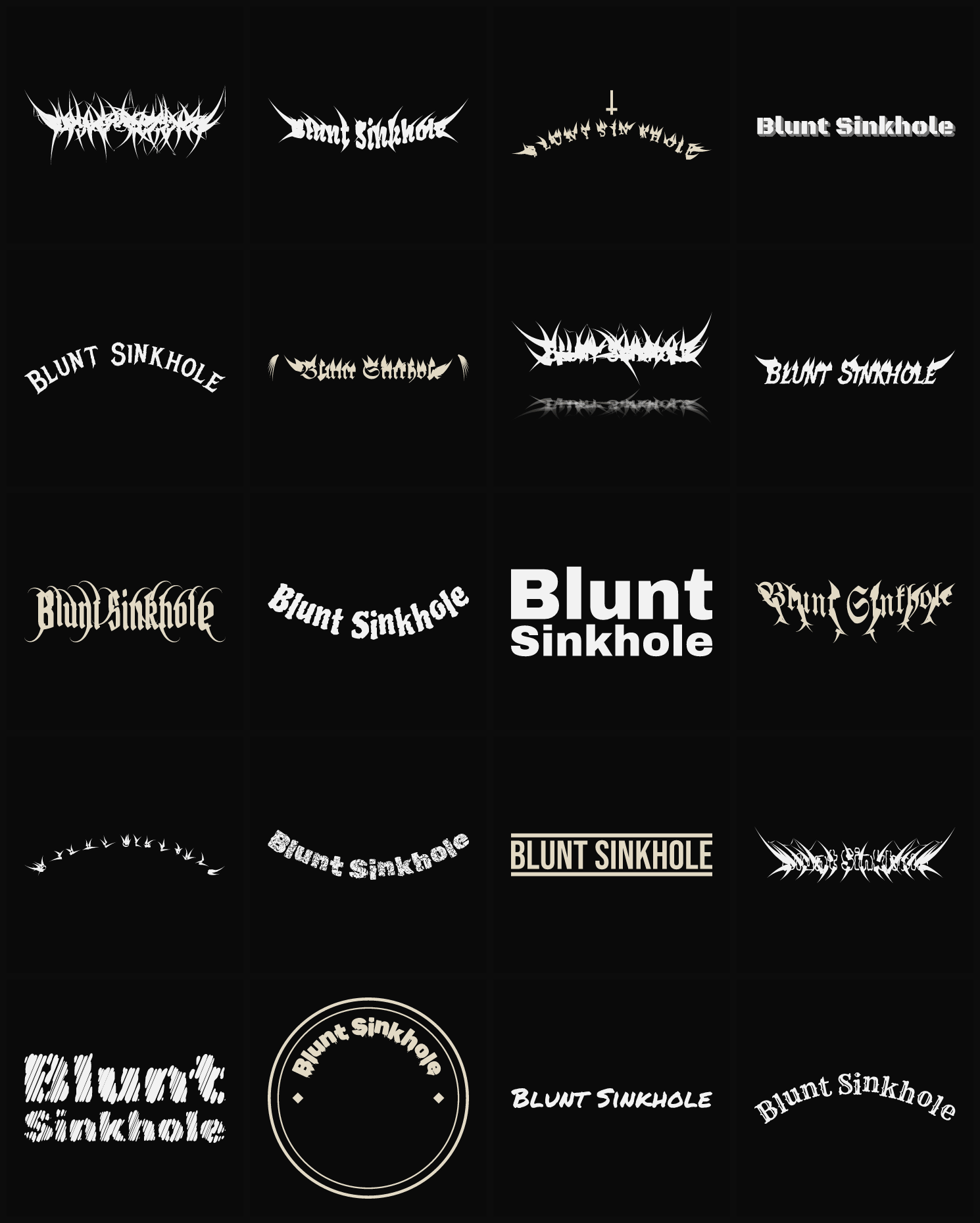 Twenty Blunt Sinkhole band logo ideas — different faces, treatments and spike settings
