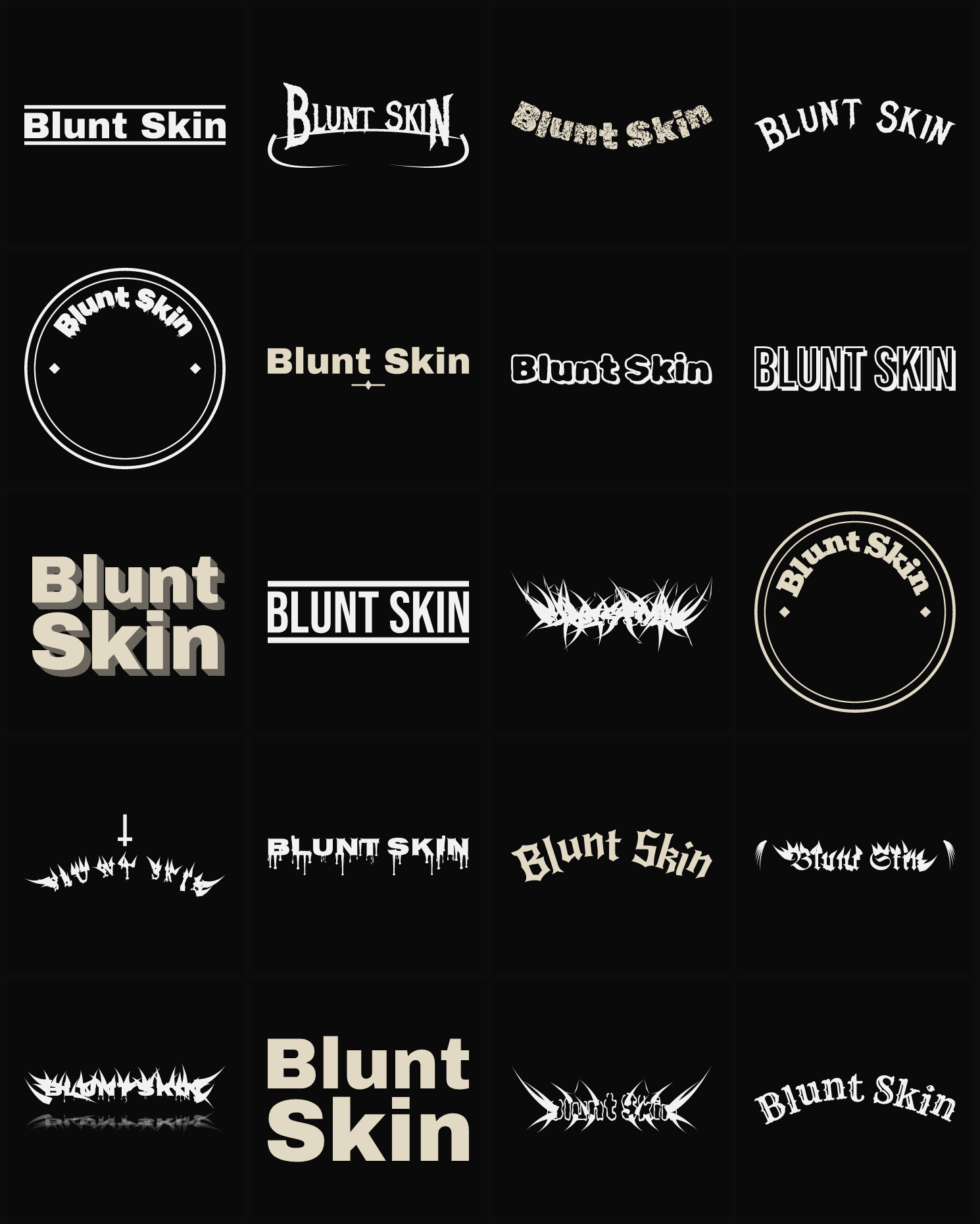 Twenty Blunt Skin band logo ideas — different faces, treatments and spike settings