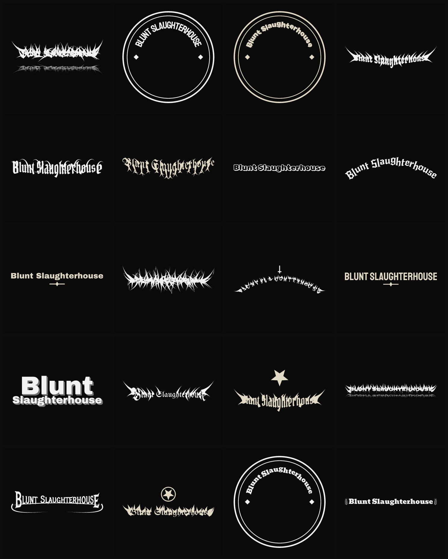 Twenty Blunt Slaughterhouse band logo ideas — different faces, treatments and spike settings