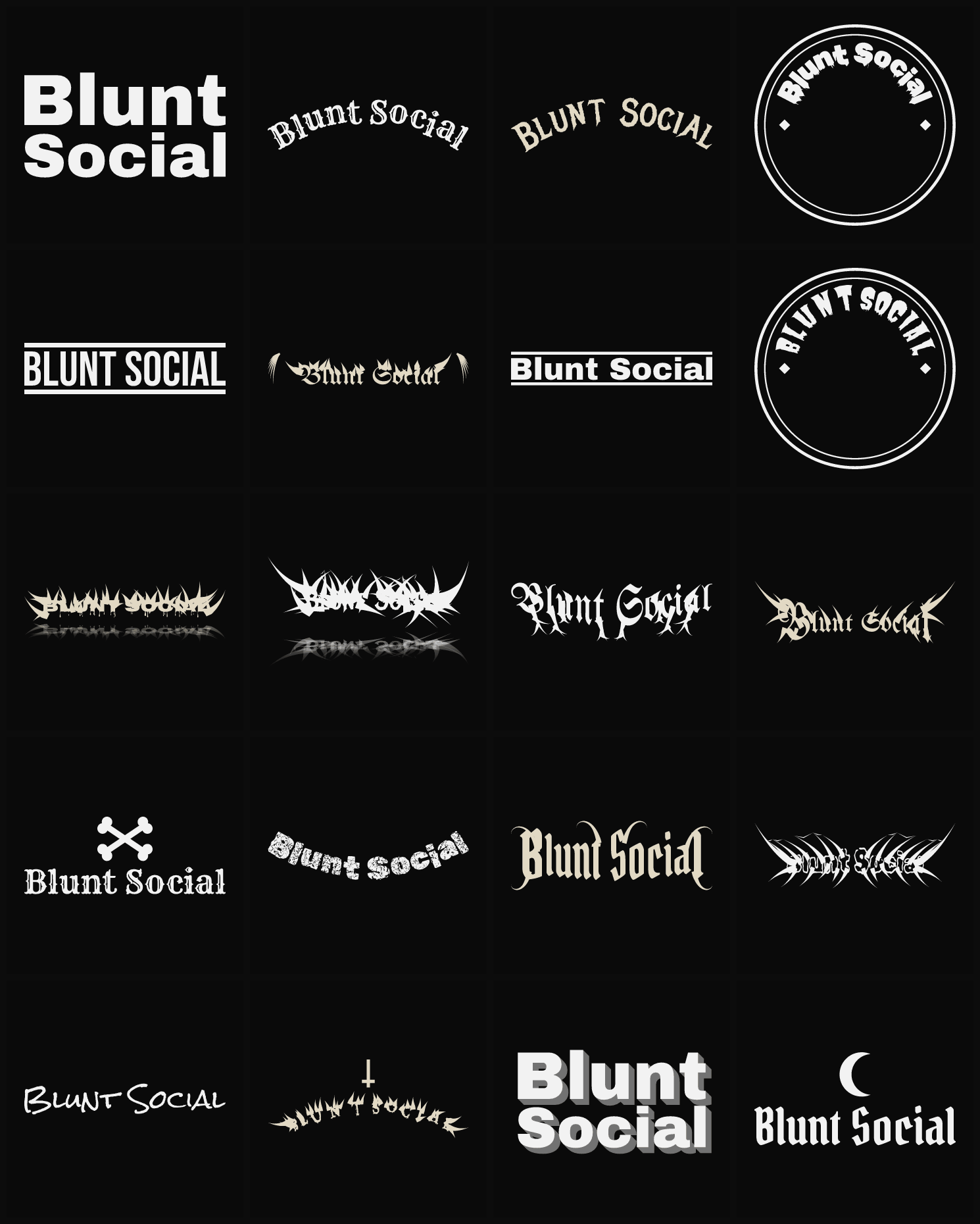 Twenty Blunt Social band logo ideas — different faces, treatments and spike settings