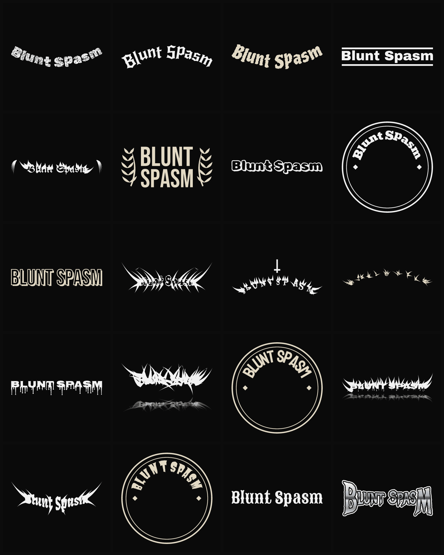 Twenty Blunt Spasm band logo ideas — different faces, treatments and spike settings