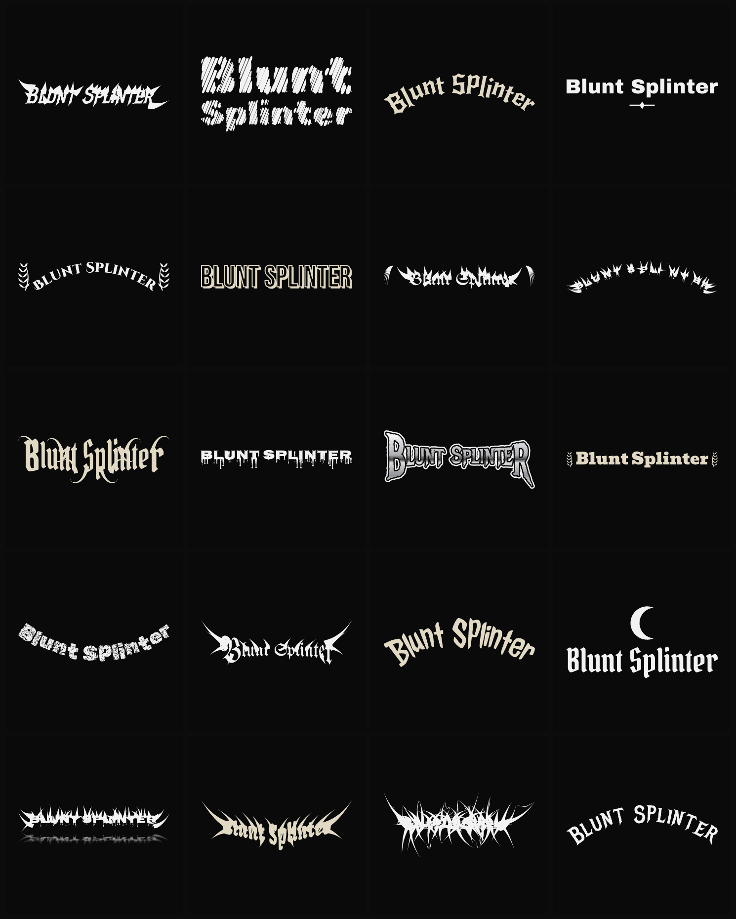 Twenty Blunt Splinter band logo ideas — different faces, treatments and spike settings