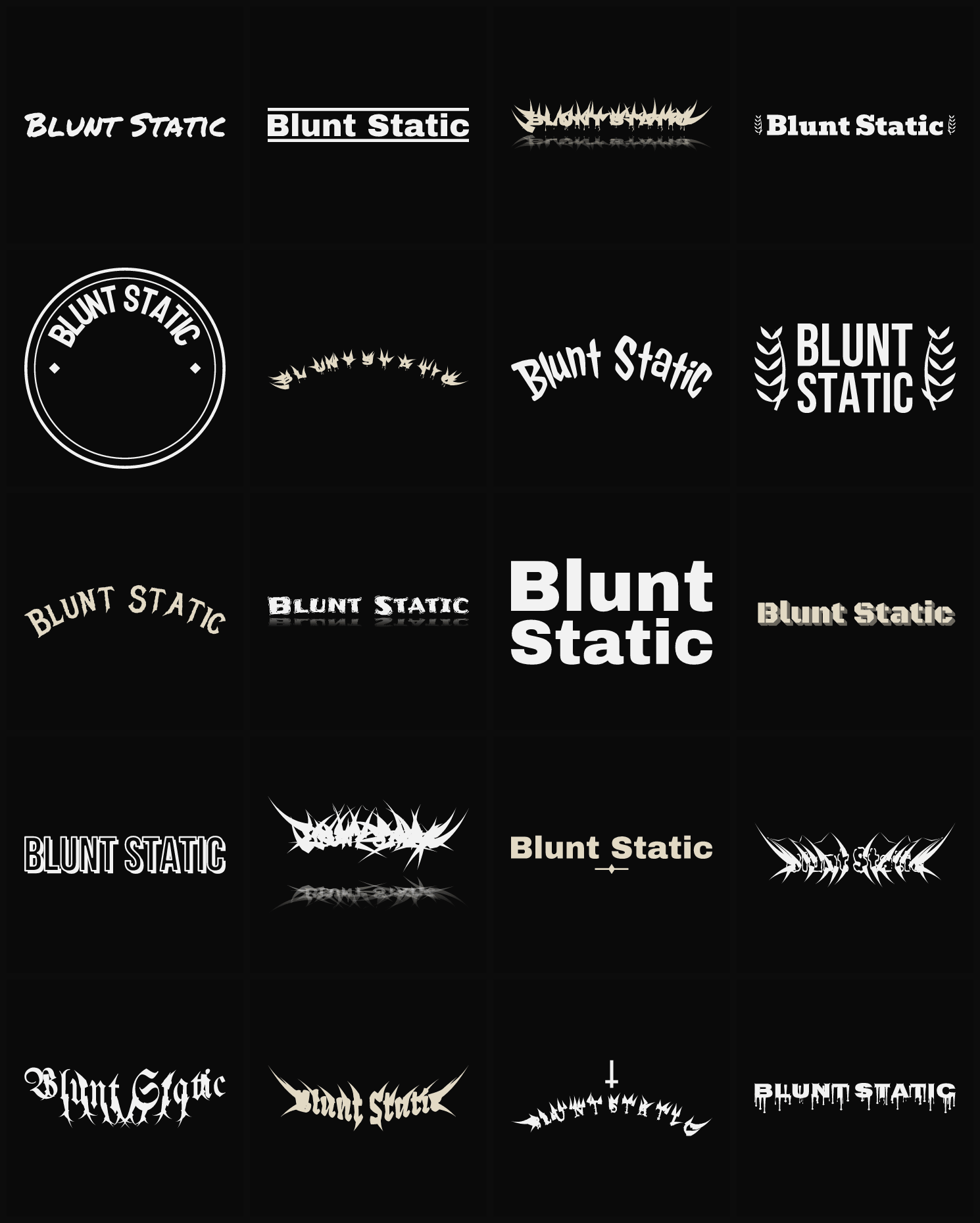 Twenty Blunt Static band logo ideas — different faces, treatments and spike settings