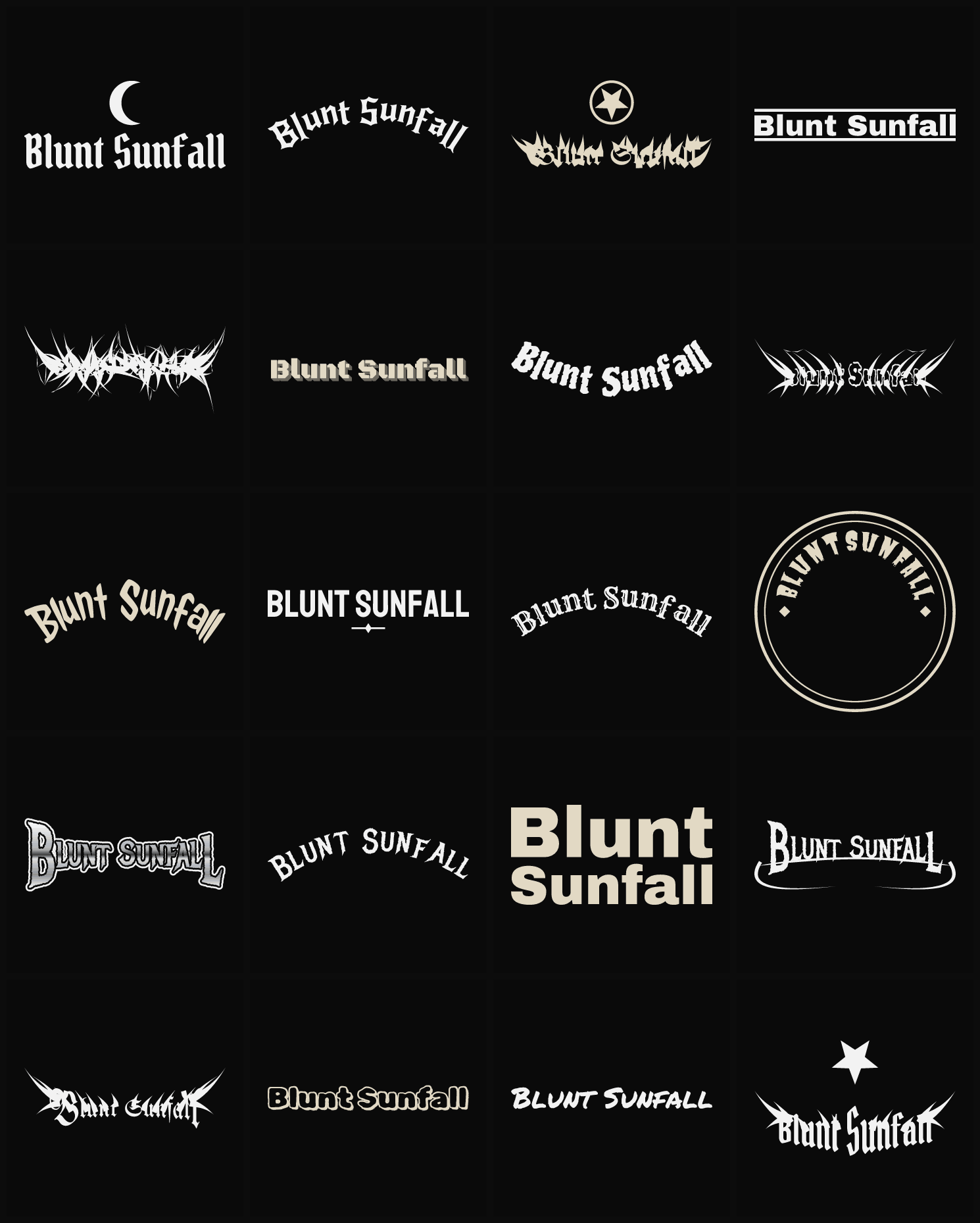 Twenty Blunt Sunfall band logo ideas — different faces, treatments and spike settings