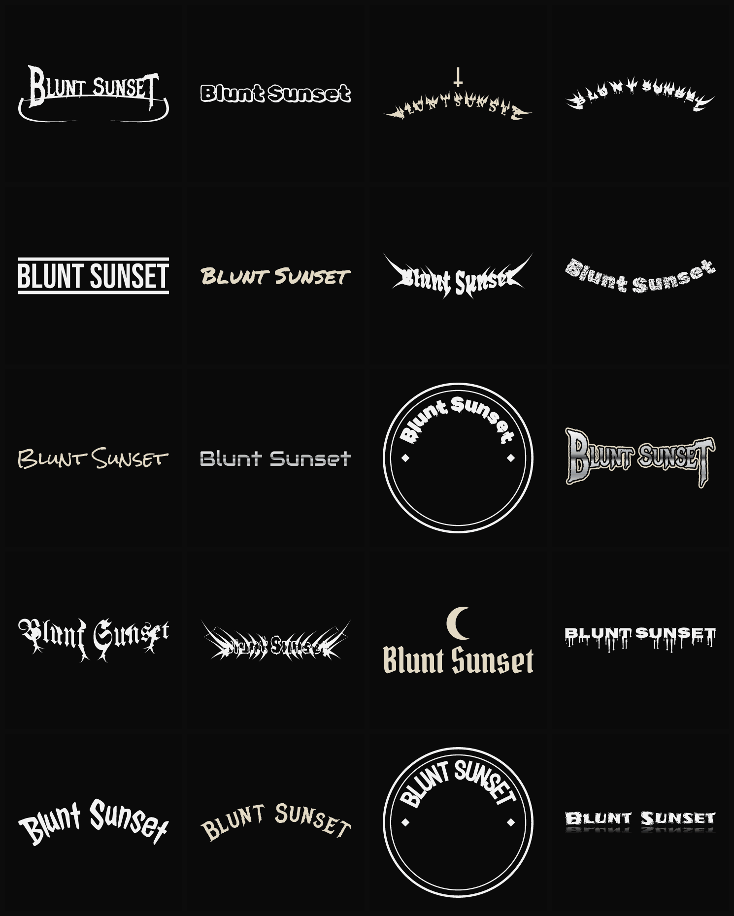 Twenty Blunt Sunset band logo ideas — different faces, treatments and spike settings