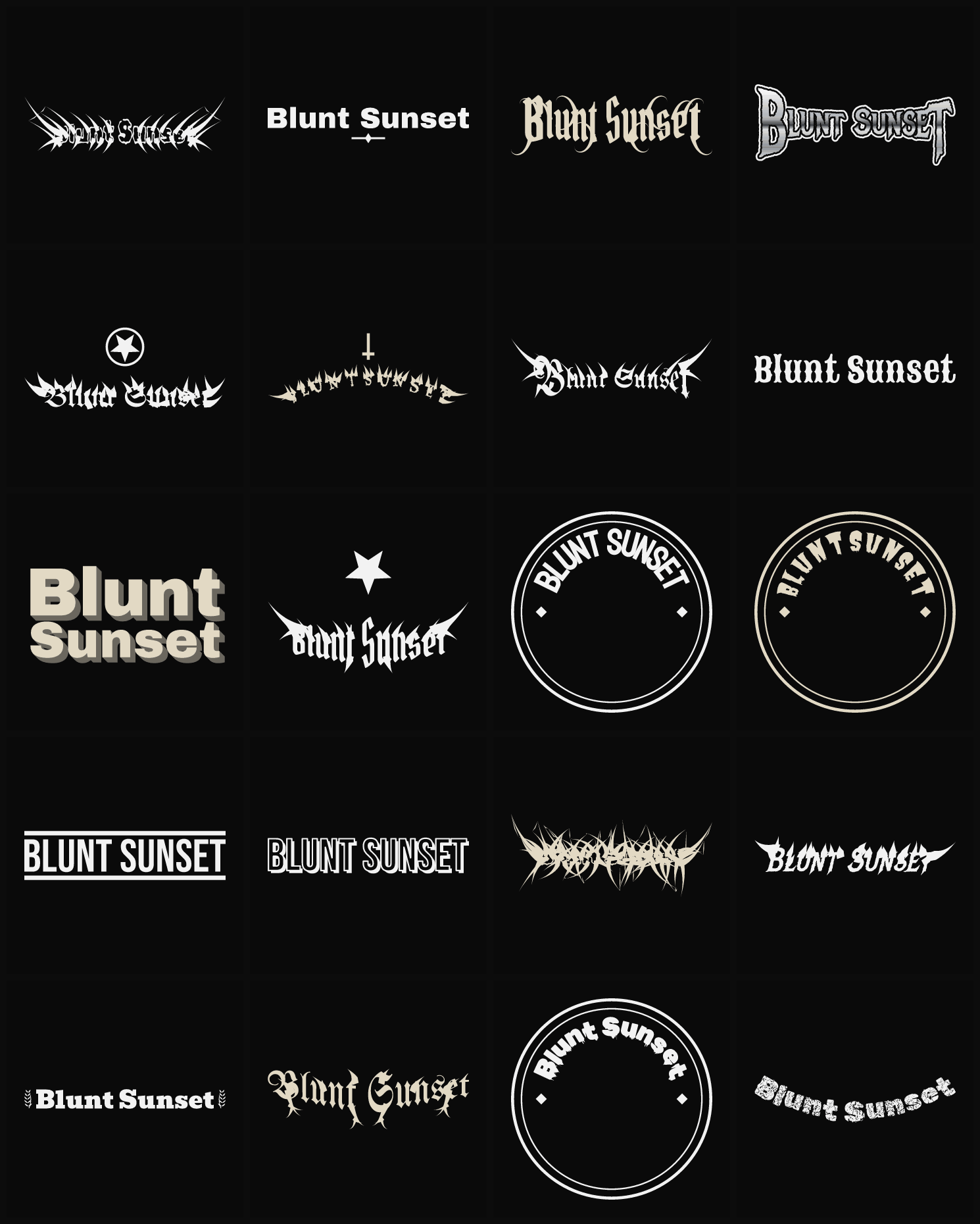 Twenty Blunt Sunset band logo ideas — different faces, treatments and spike settings