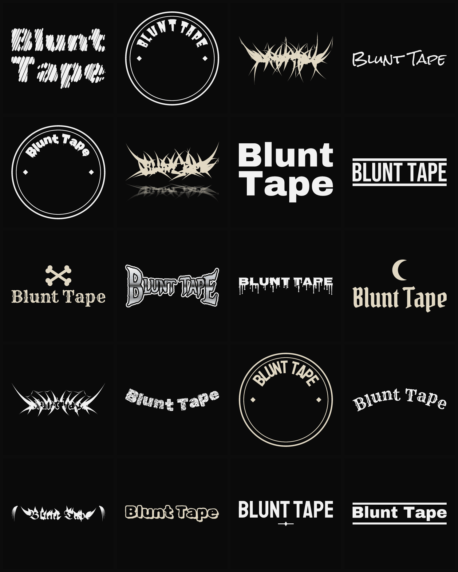 Twenty Blunt Tape band logo ideas — different faces, treatments and spike settings
