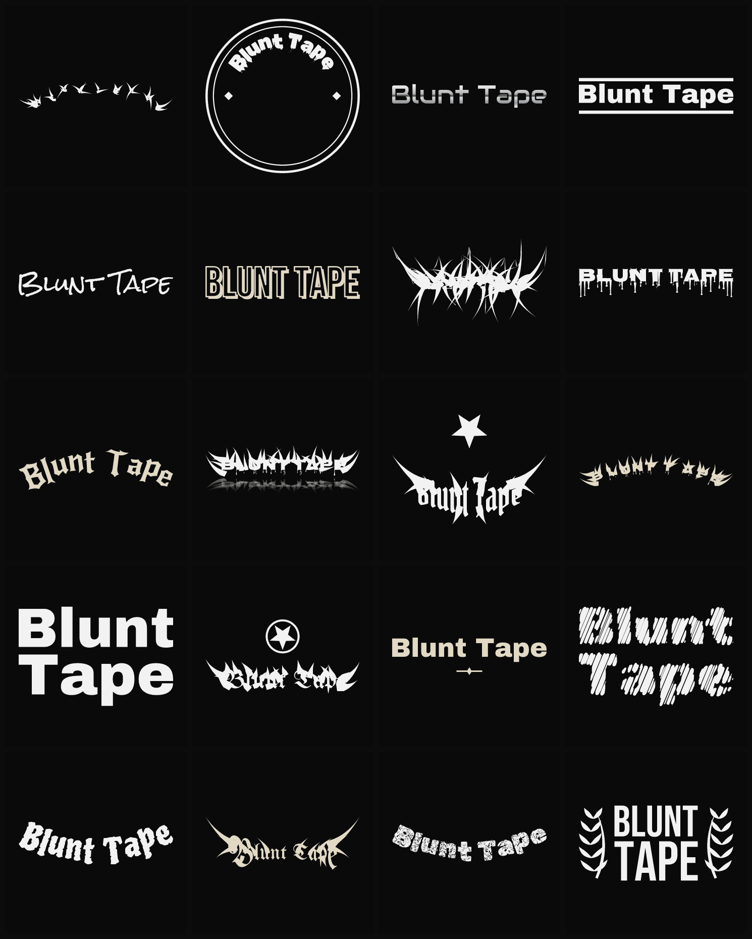 Twenty Blunt Tape band logo ideas — different faces, treatments and spike settings