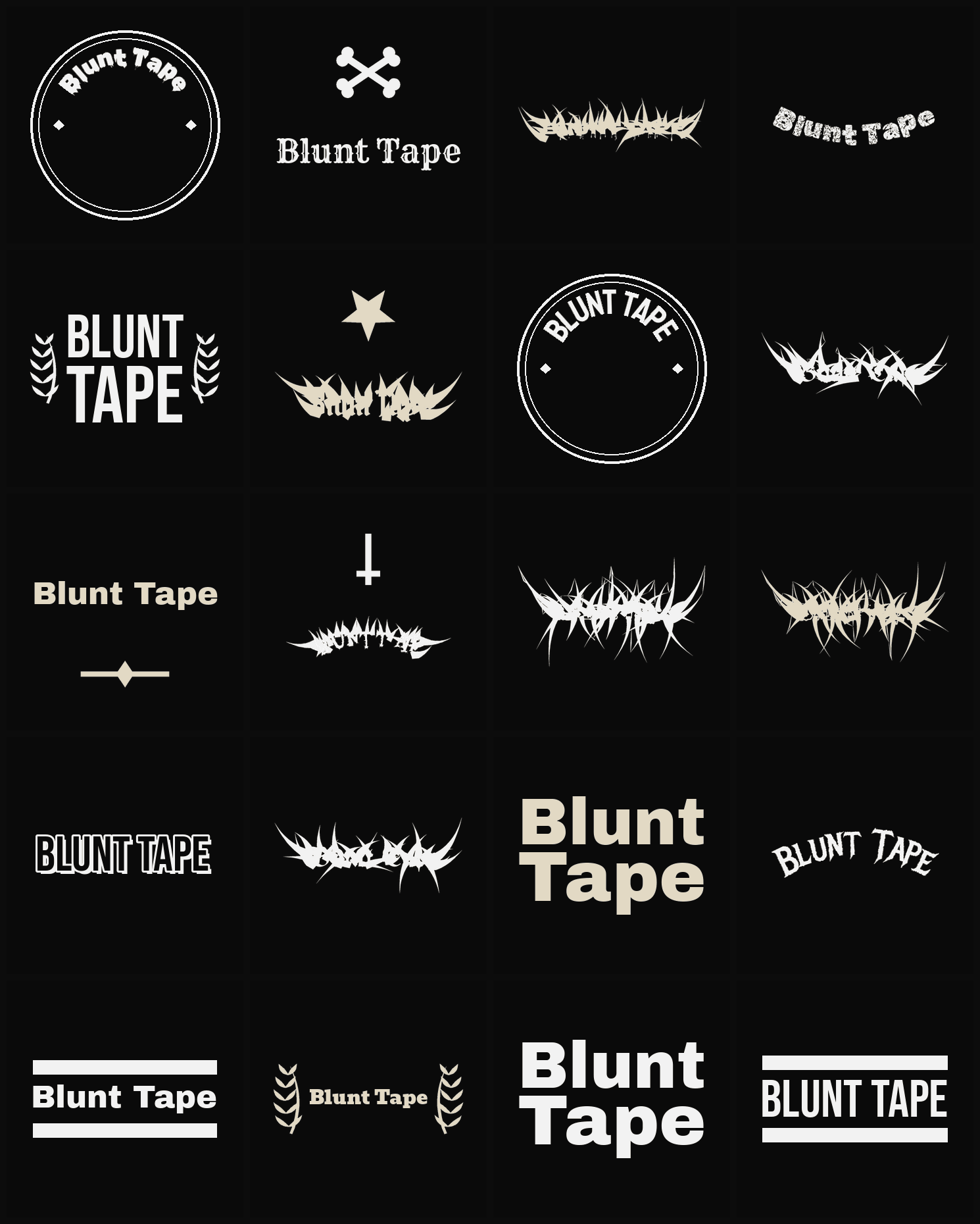 Twenty Blunt Tape band logo ideas — different faces, treatments and spike settings