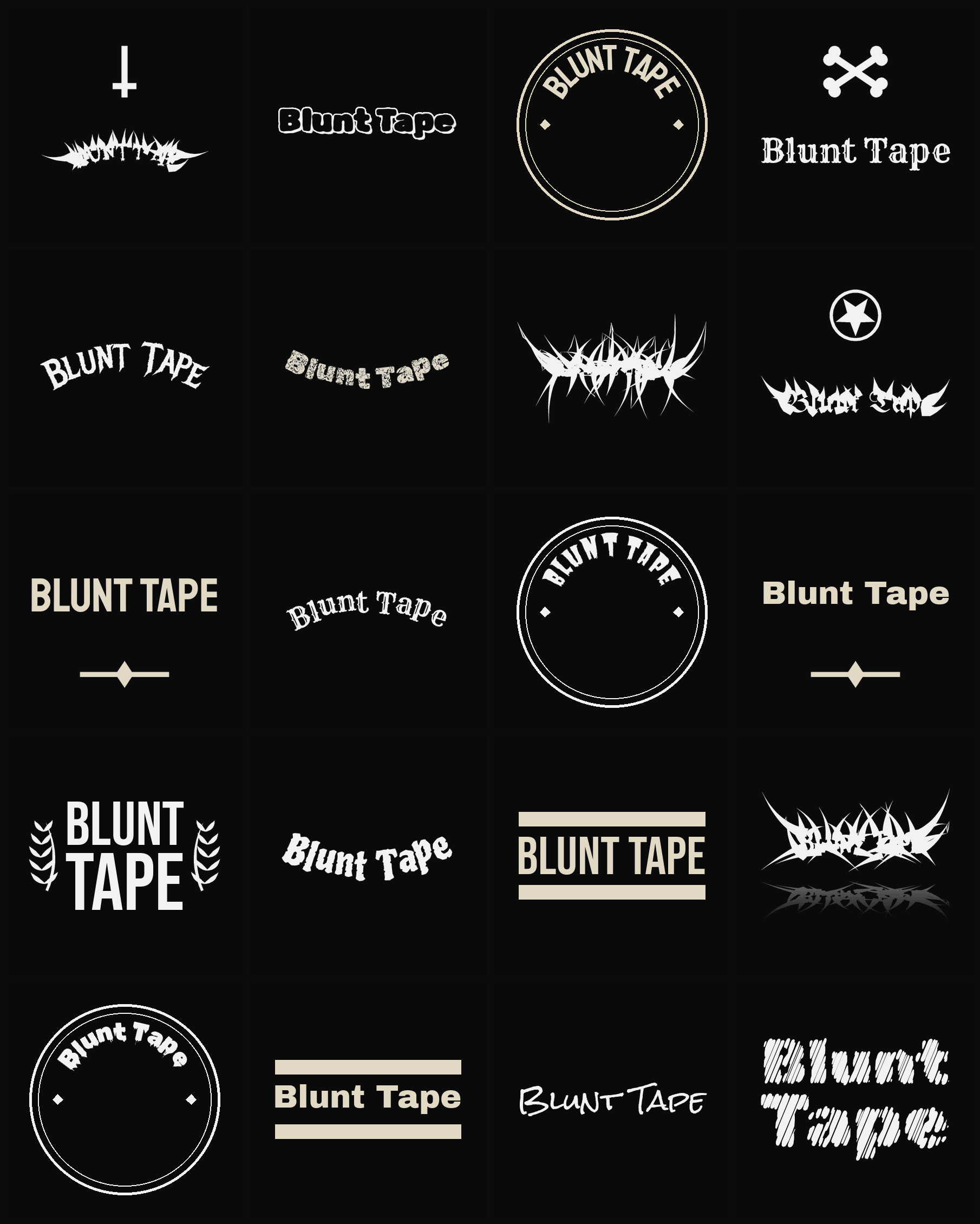 Twenty Blunt Tape band logo ideas — different faces, treatments and spike settings