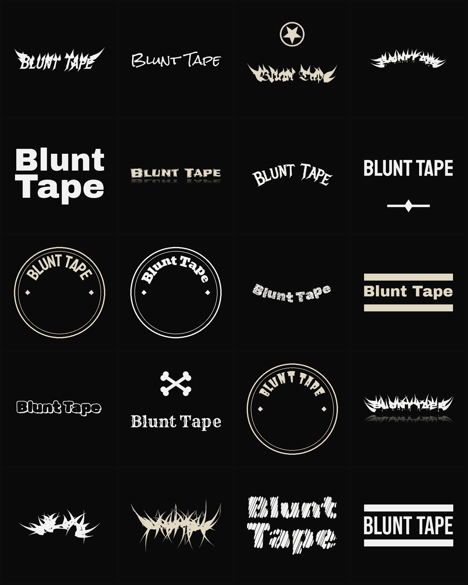 Twenty Blunt Tape band logo ideas — different faces, treatments and spike settings