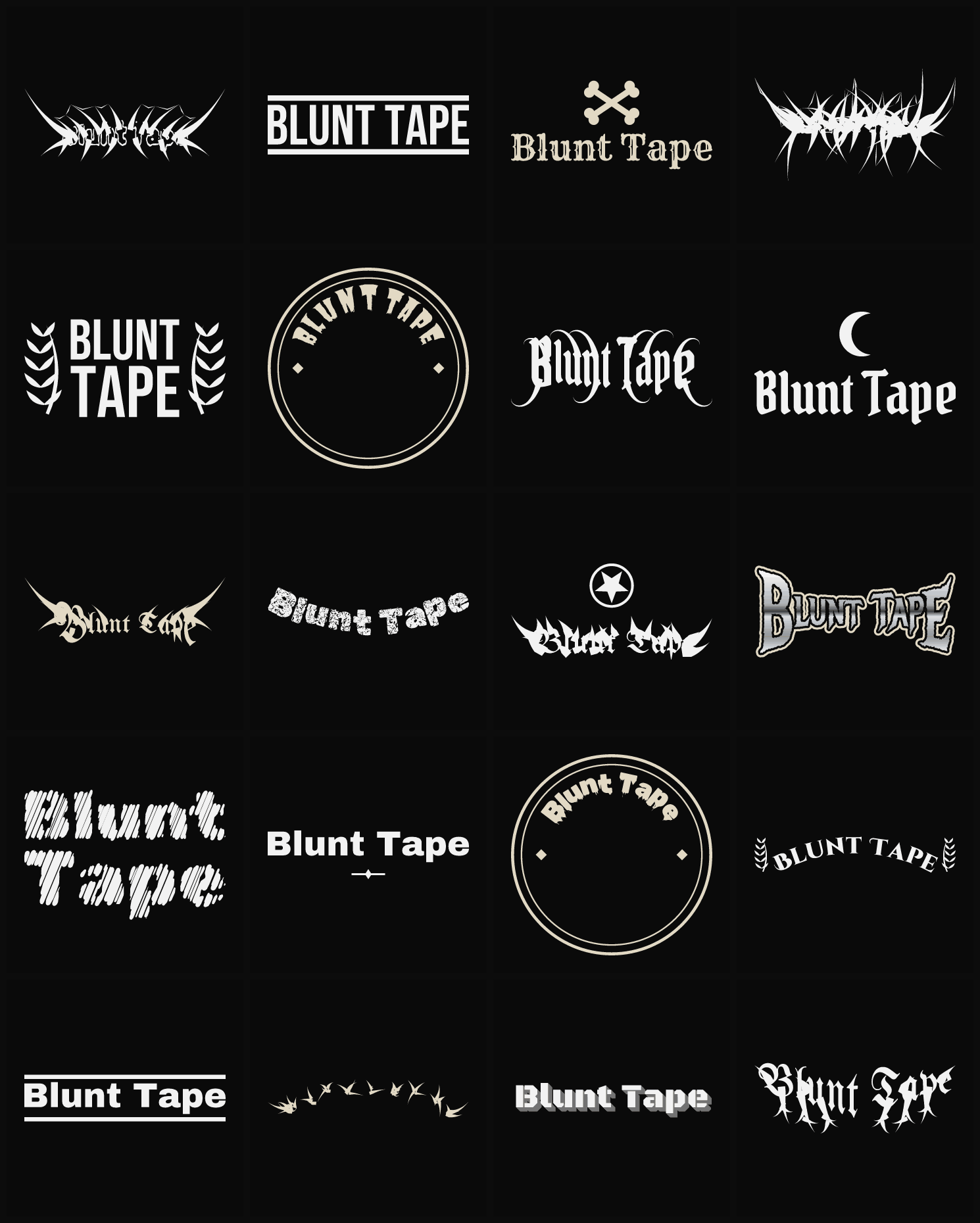 Twenty Blunt Tape band logo ideas — different faces, treatments and spike settings