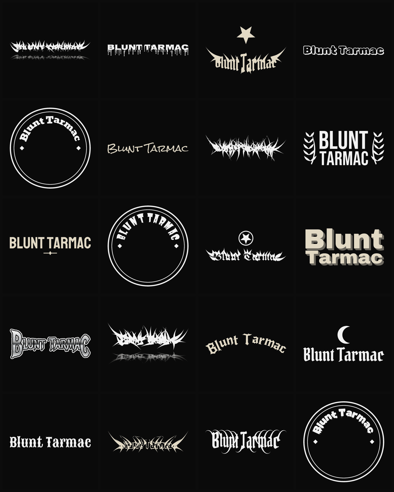 Twenty Blunt Tarmac band logo ideas — different faces, treatments and spike settings