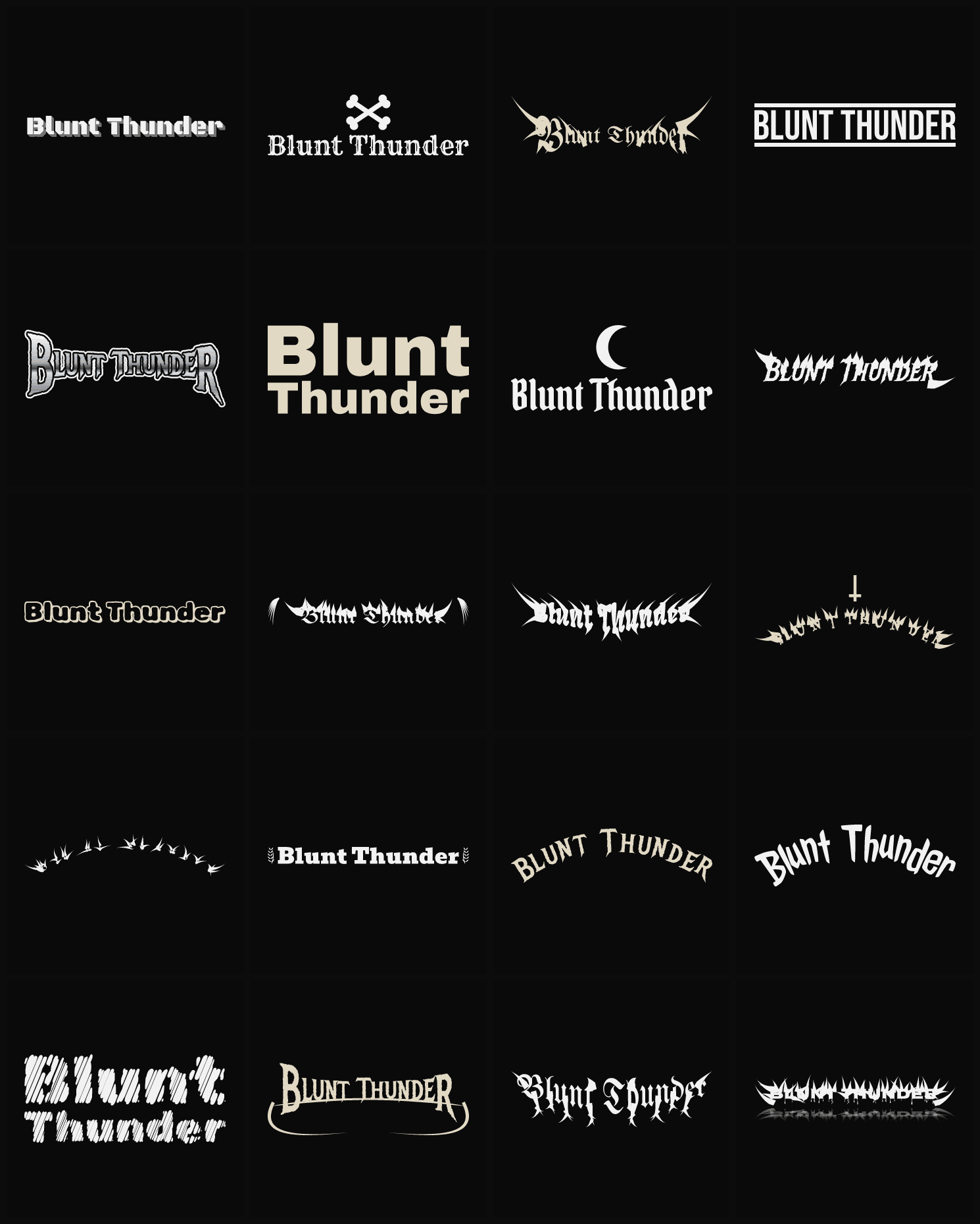 Twenty Blunt Thunder band logo ideas — different faces, treatments and spike settings