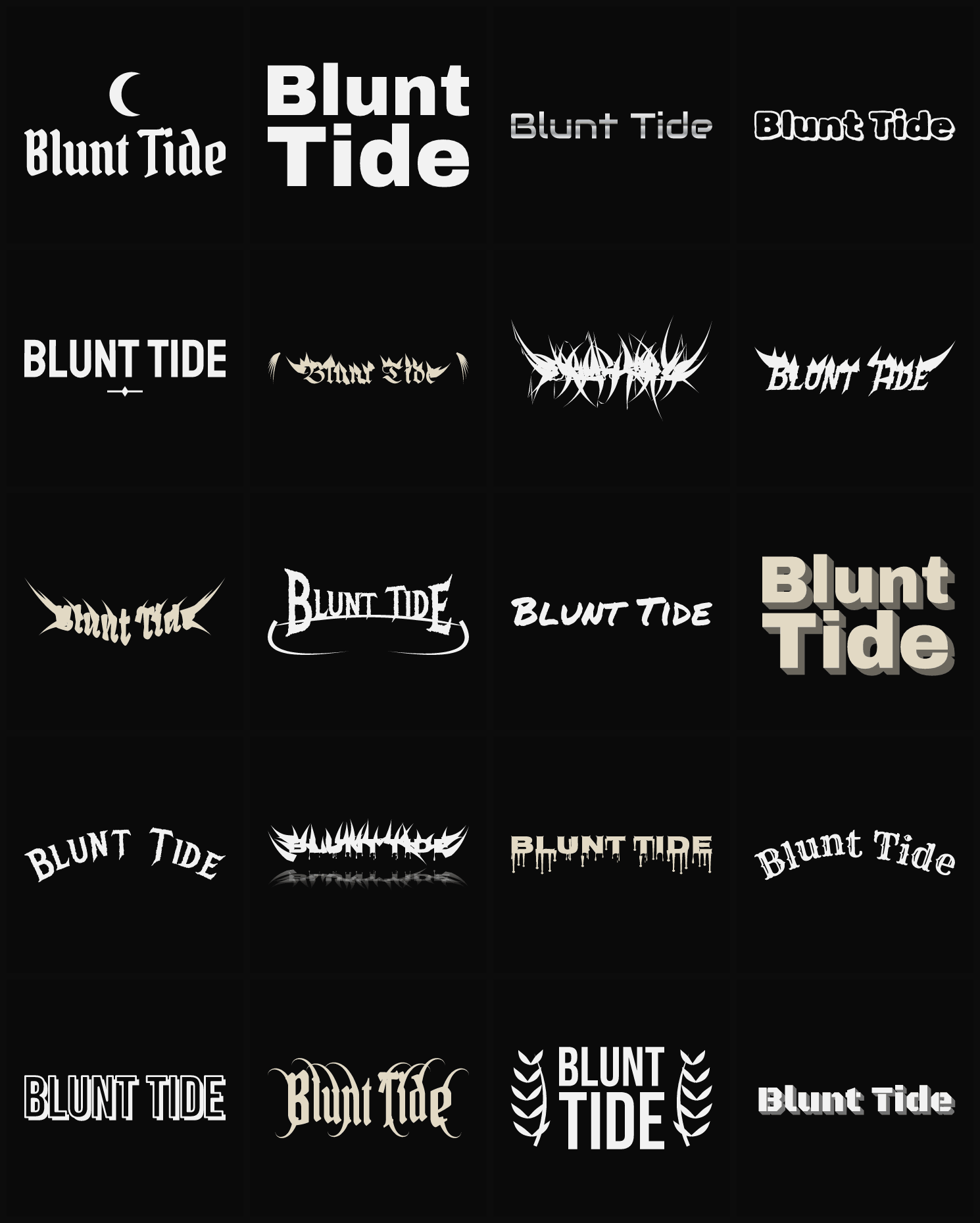 Twenty Blunt Tide band logo ideas — different faces, treatments and spike settings