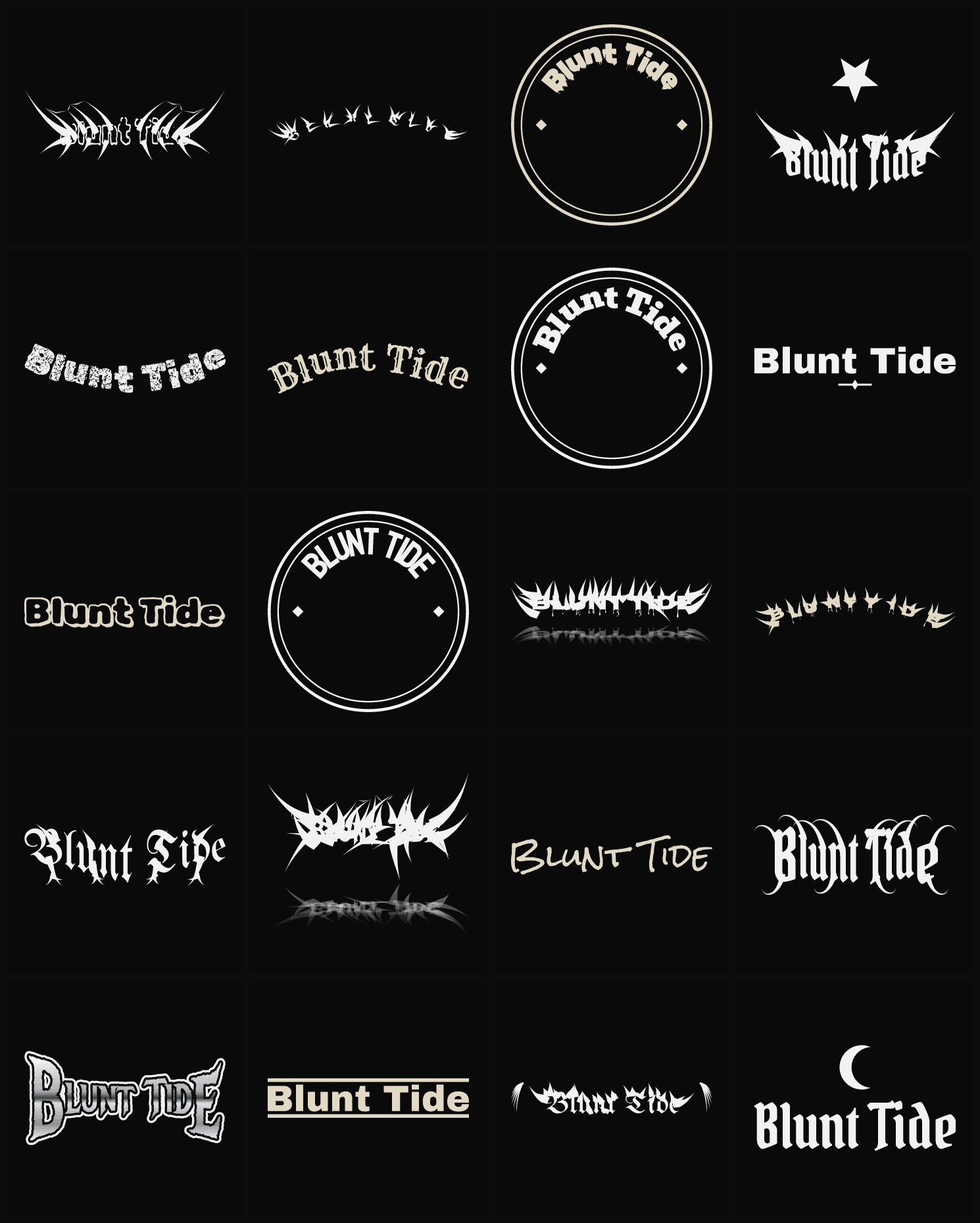 Twenty Blunt Tide band logo ideas — different faces, treatments and spike settings