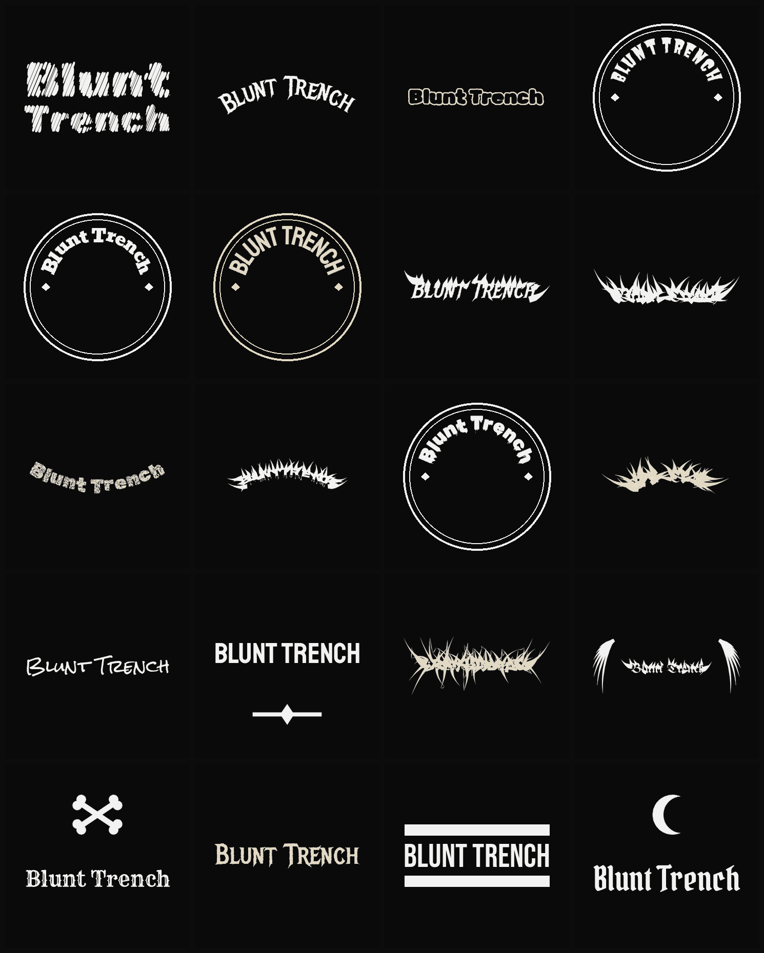 Twenty Blunt Trench band logo ideas — different faces, treatments and spike settings