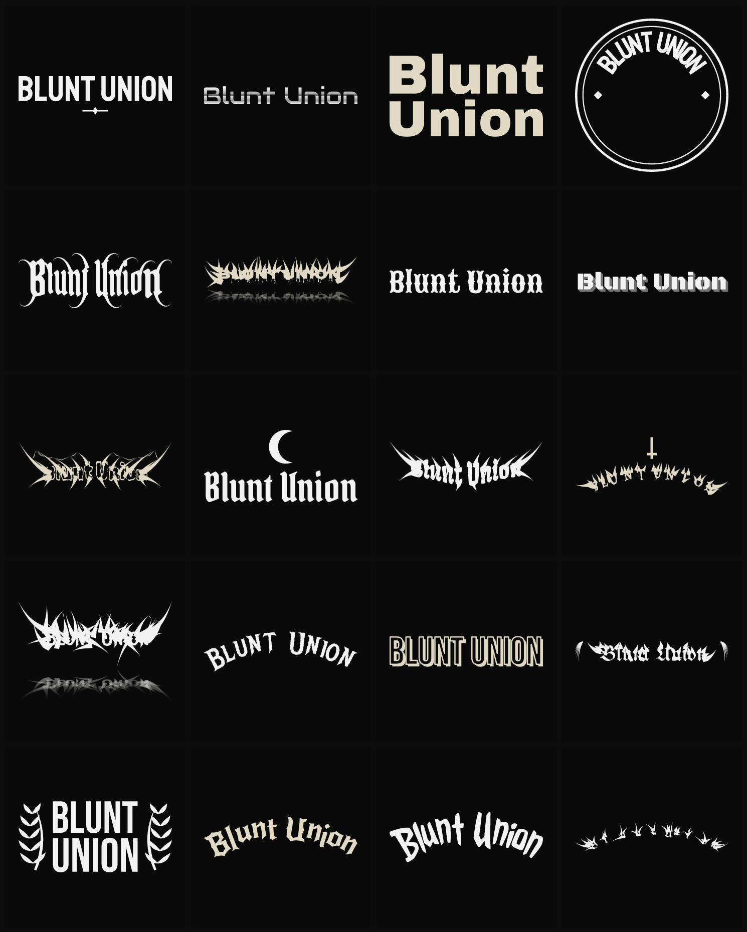 Twenty Blunt Union band logo ideas — different faces, treatments and spike settings