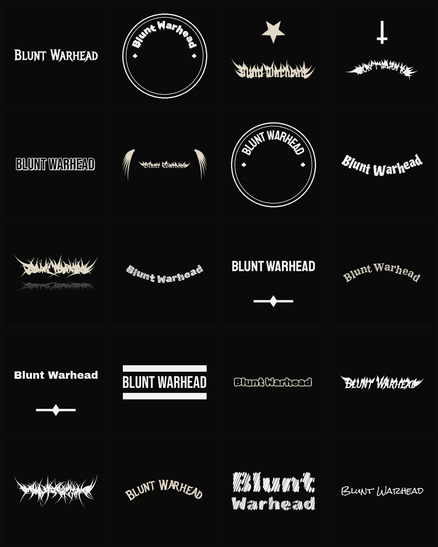 Twenty Blunt Warhead band logo ideas — different faces, treatments and spike settings