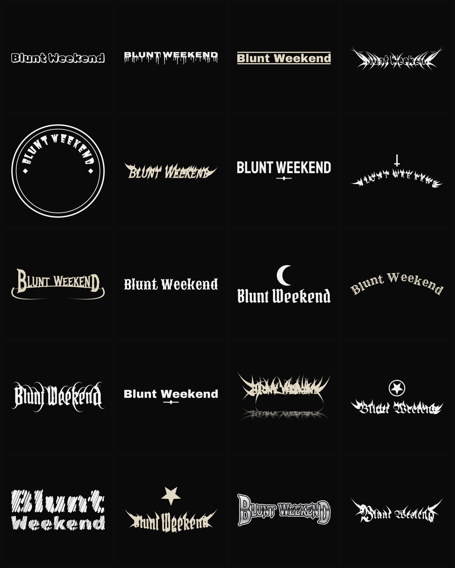 Twenty Blunt Weekend band logo ideas — different faces, treatments and spike settings