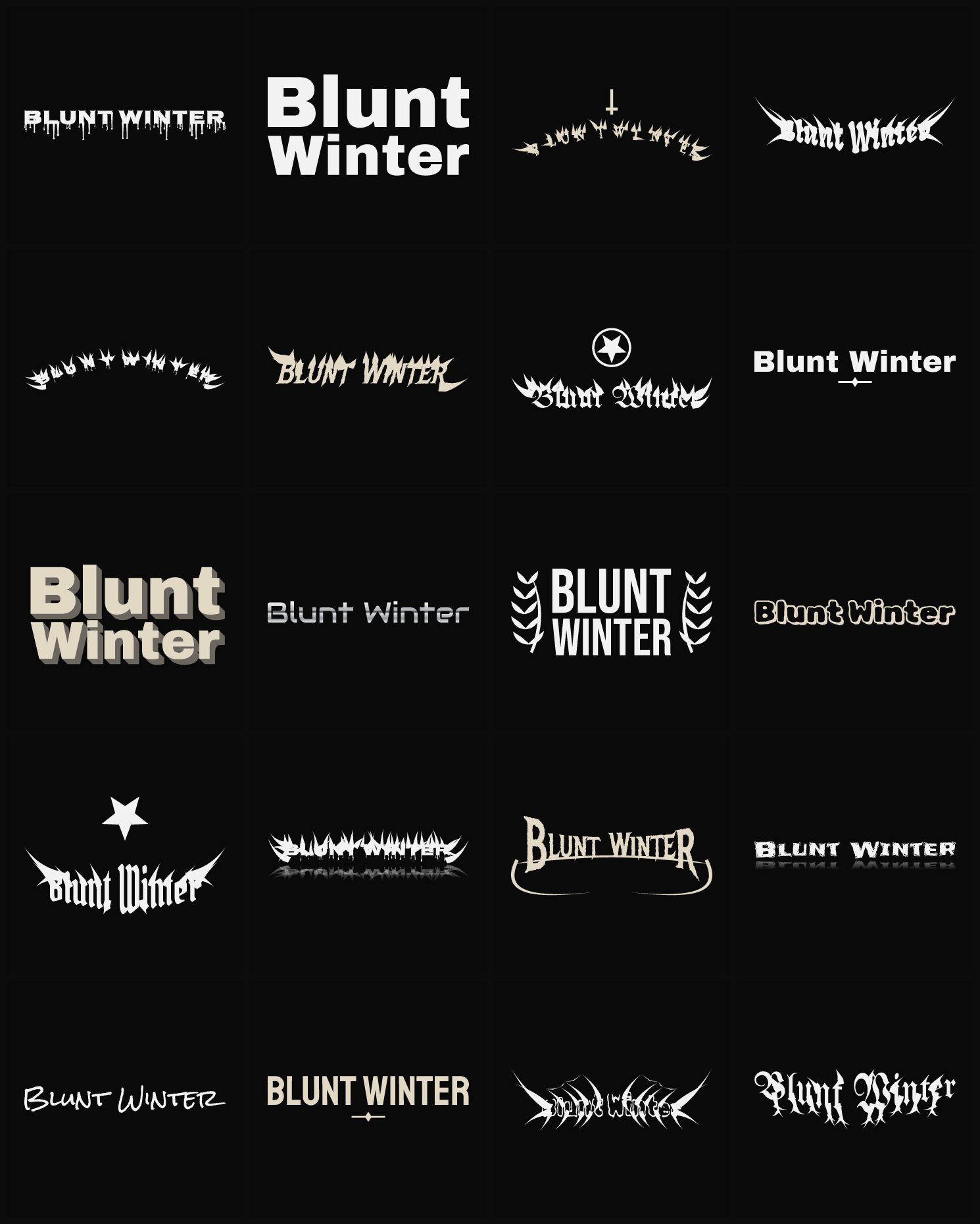 Twenty Blunt Winter band logo ideas — different faces, treatments and spike settings