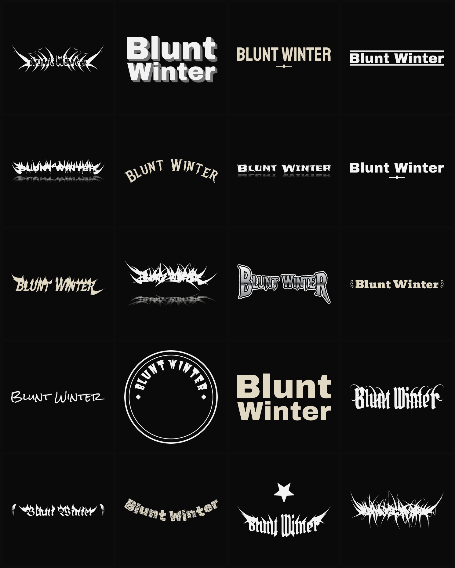 Twenty Blunt Winter band logo ideas — different faces, treatments and spike settings