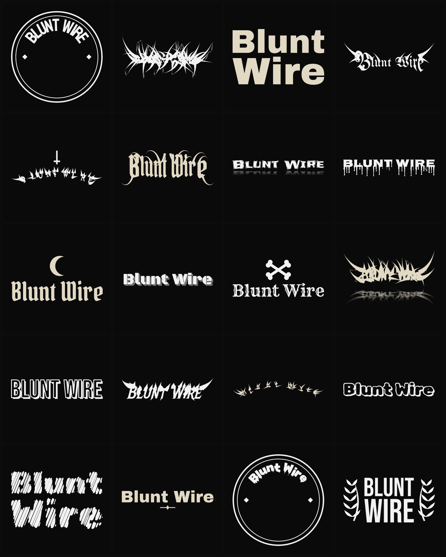Twenty Blunt Wire band logo ideas — different faces, treatments and spike settings