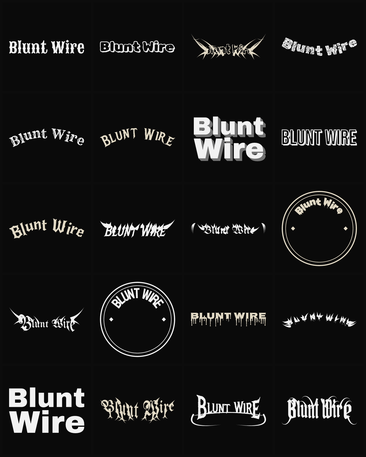 Twenty Blunt Wire band logo ideas — different faces, treatments and spike settings