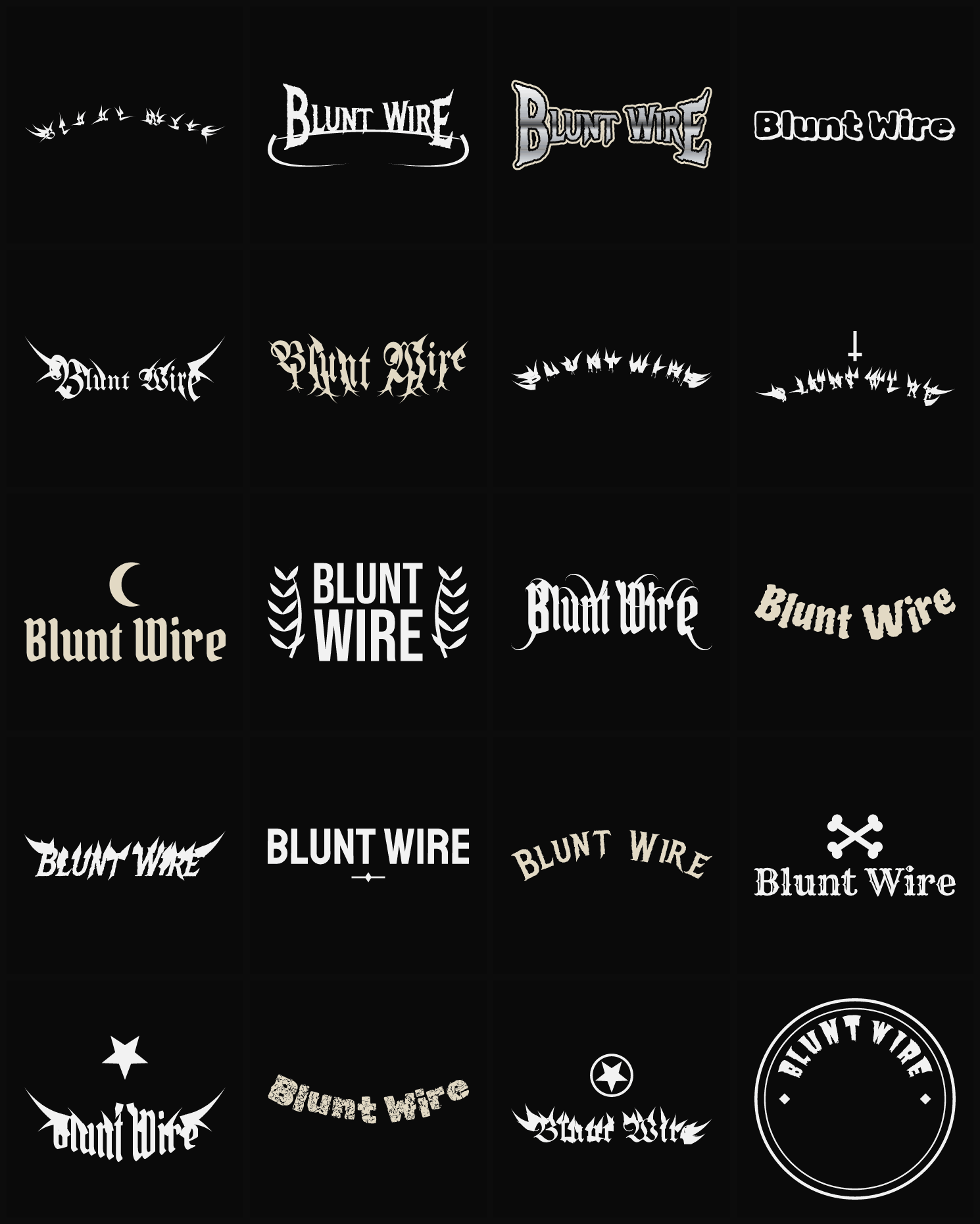 Twenty Blunt Wire band logo ideas — different faces, treatments and spike settings