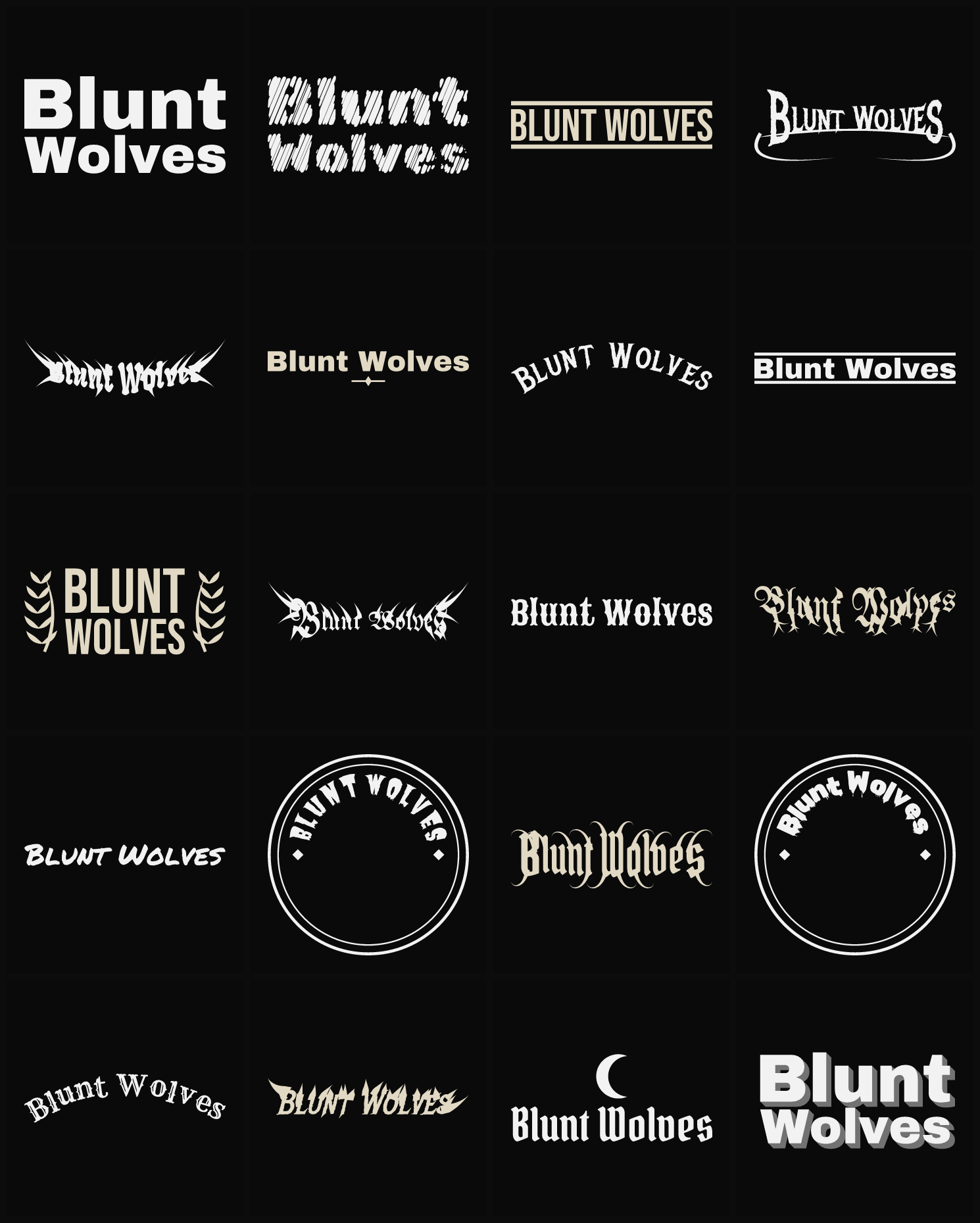 Twenty Blunt Wolves band logo ideas — different faces, treatments and spike settings