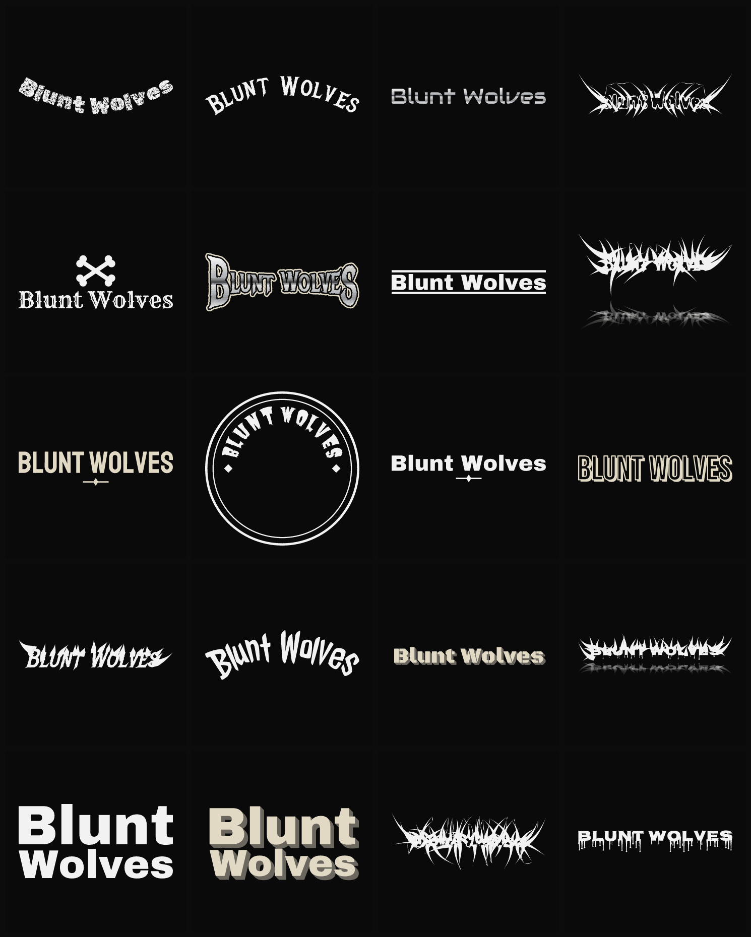 Twenty Blunt Wolves band logo ideas — different faces, treatments and spike settings