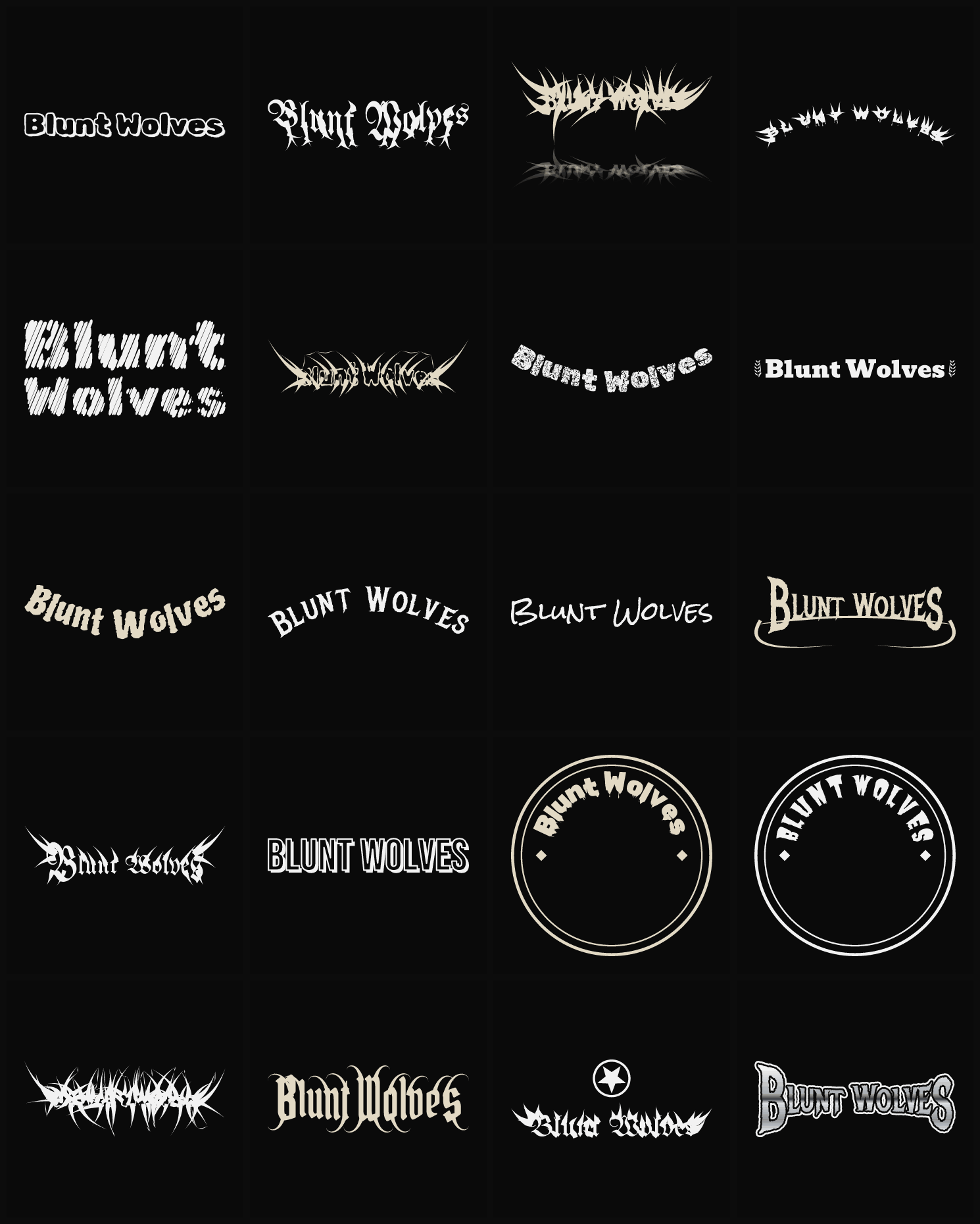 Twenty Blunt Wolves band logo ideas — different faces, treatments and spike settings