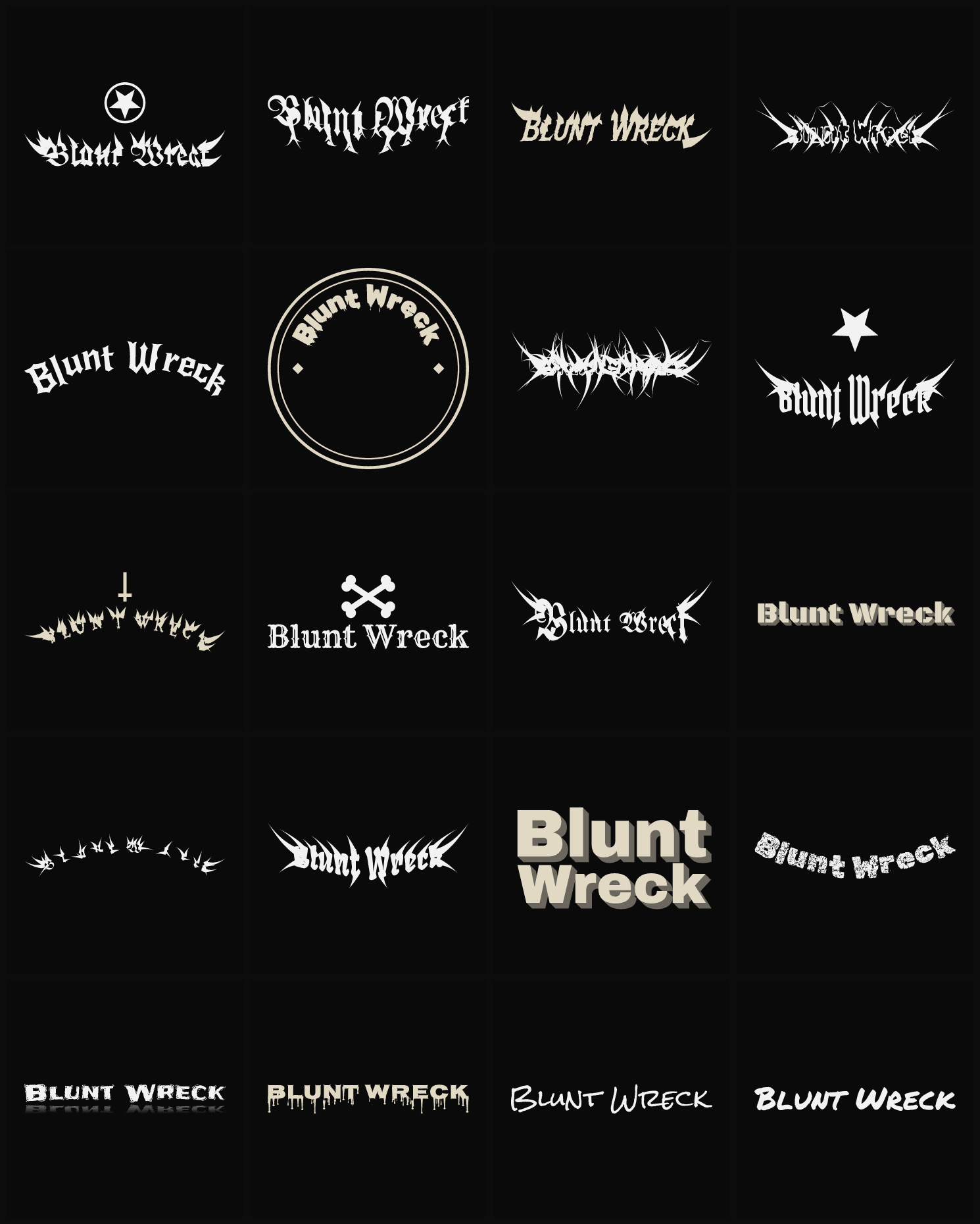 Twenty Blunt Wreck band logo ideas — different faces, treatments and spike settings