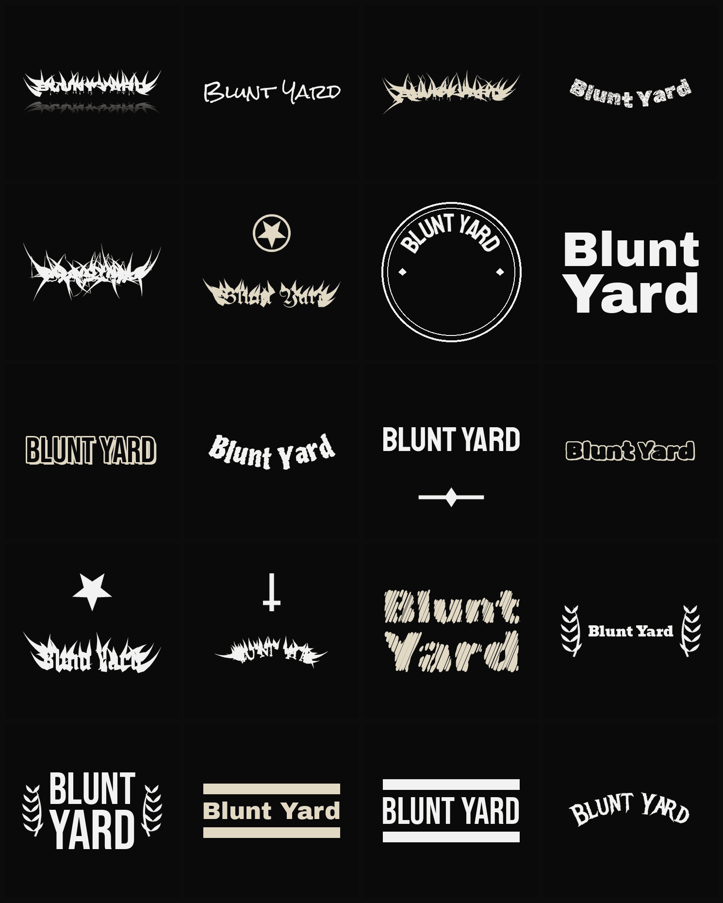 Twenty Blunt Yard band logo ideas — different faces, treatments and spike settings