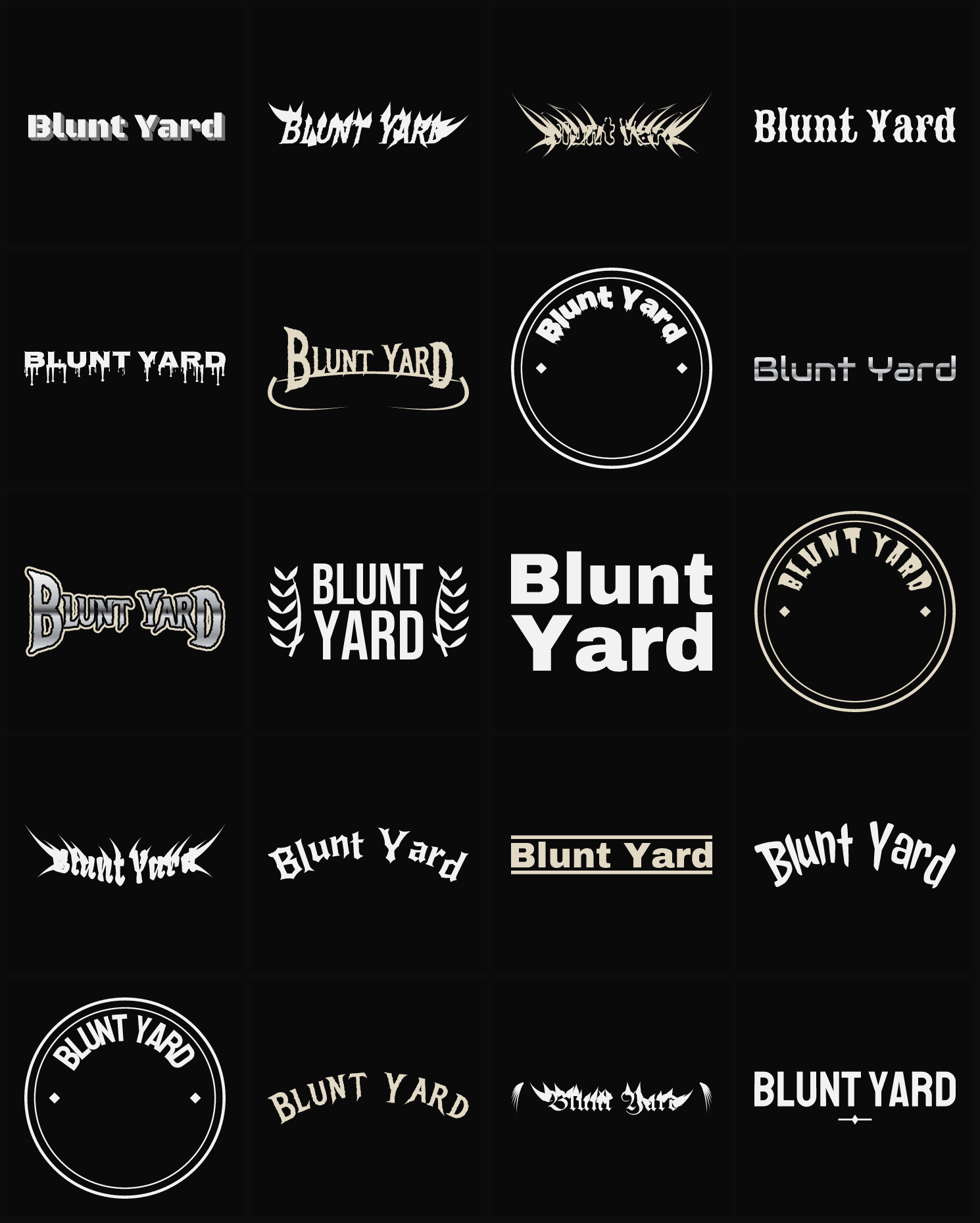 Twenty Blunt Yard band logo ideas — different faces, treatments and spike settings
