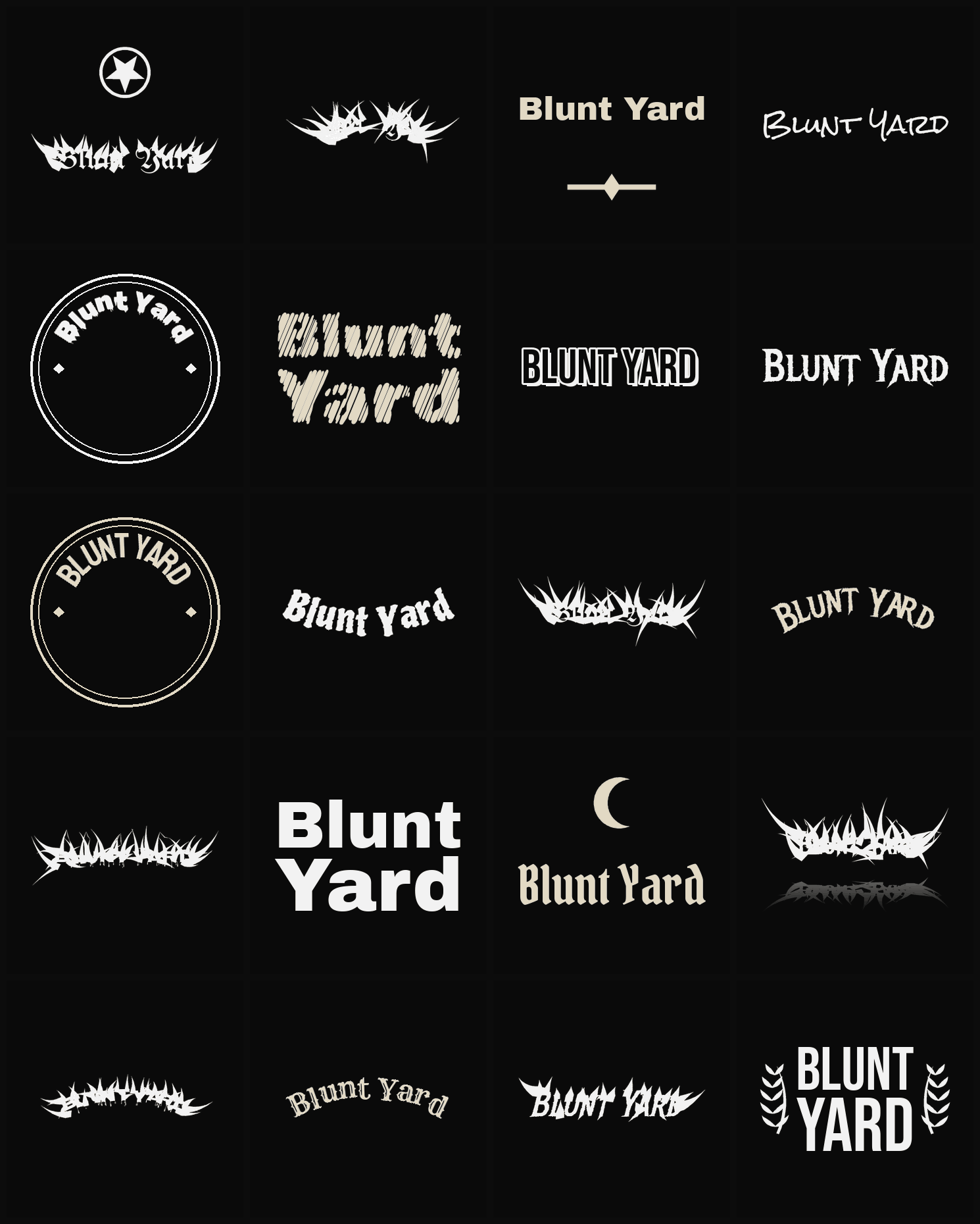 Twenty Blunt Yard band logo ideas — different faces, treatments and spike settings