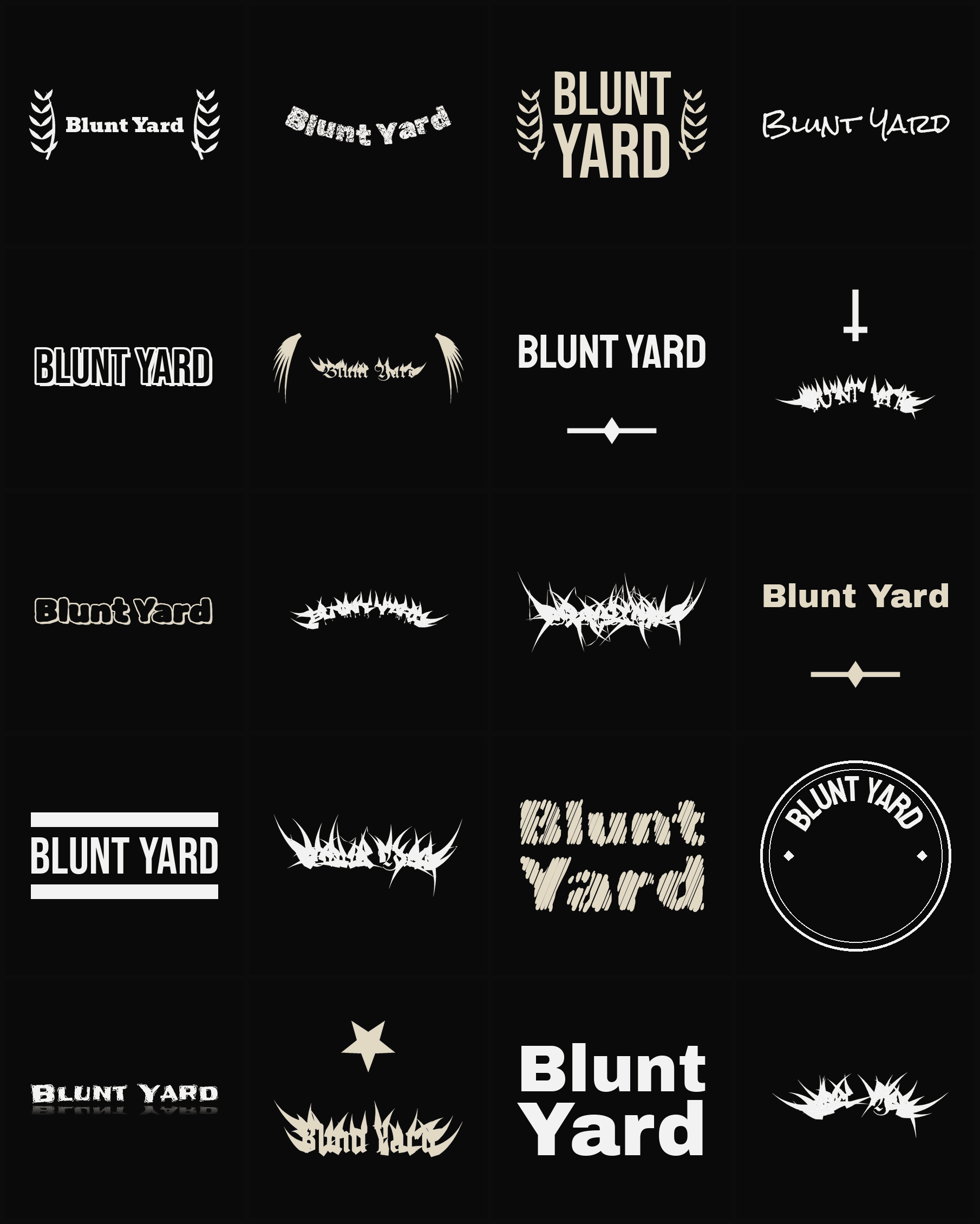 Twenty Blunt Yard band logo ideas — different faces, treatments and spike settings
