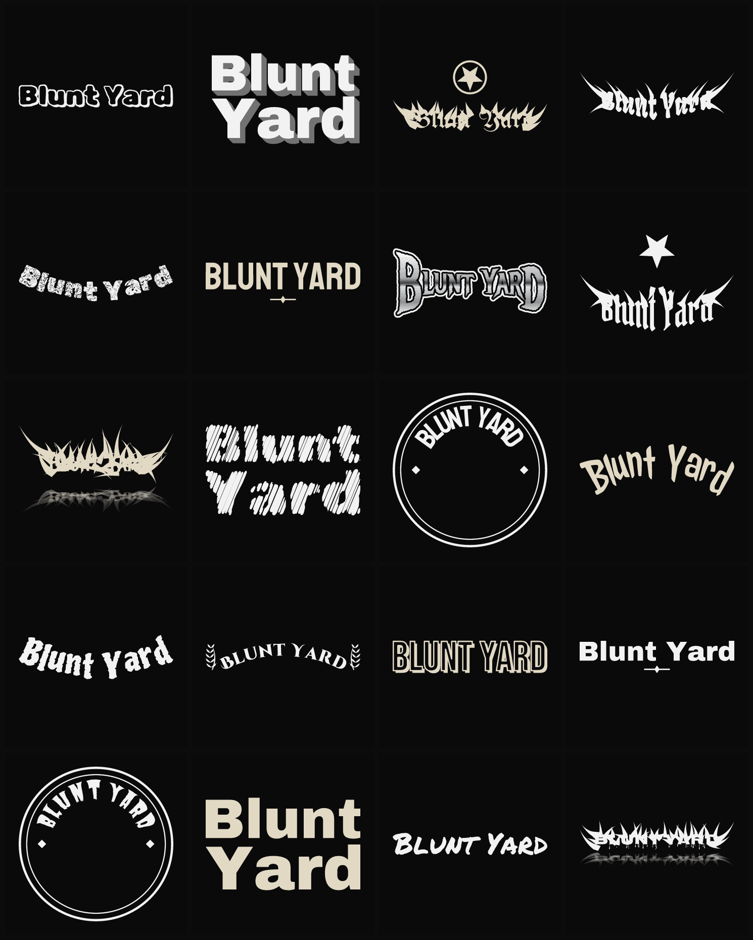 Twenty Blunt Yard band logo ideas — different faces, treatments and spike settings