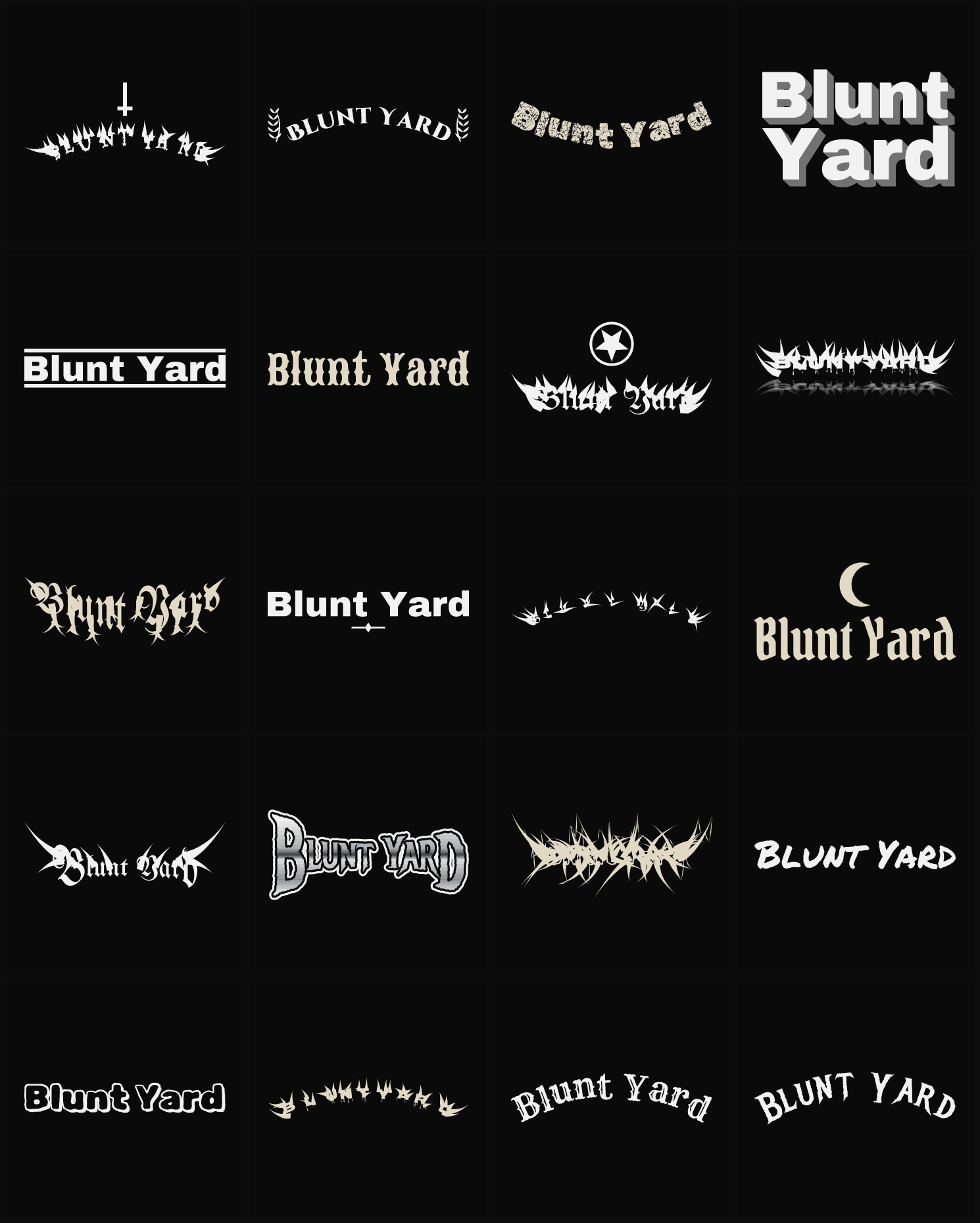 Twenty Blunt Yard band logo ideas — different faces, treatments and spike settings