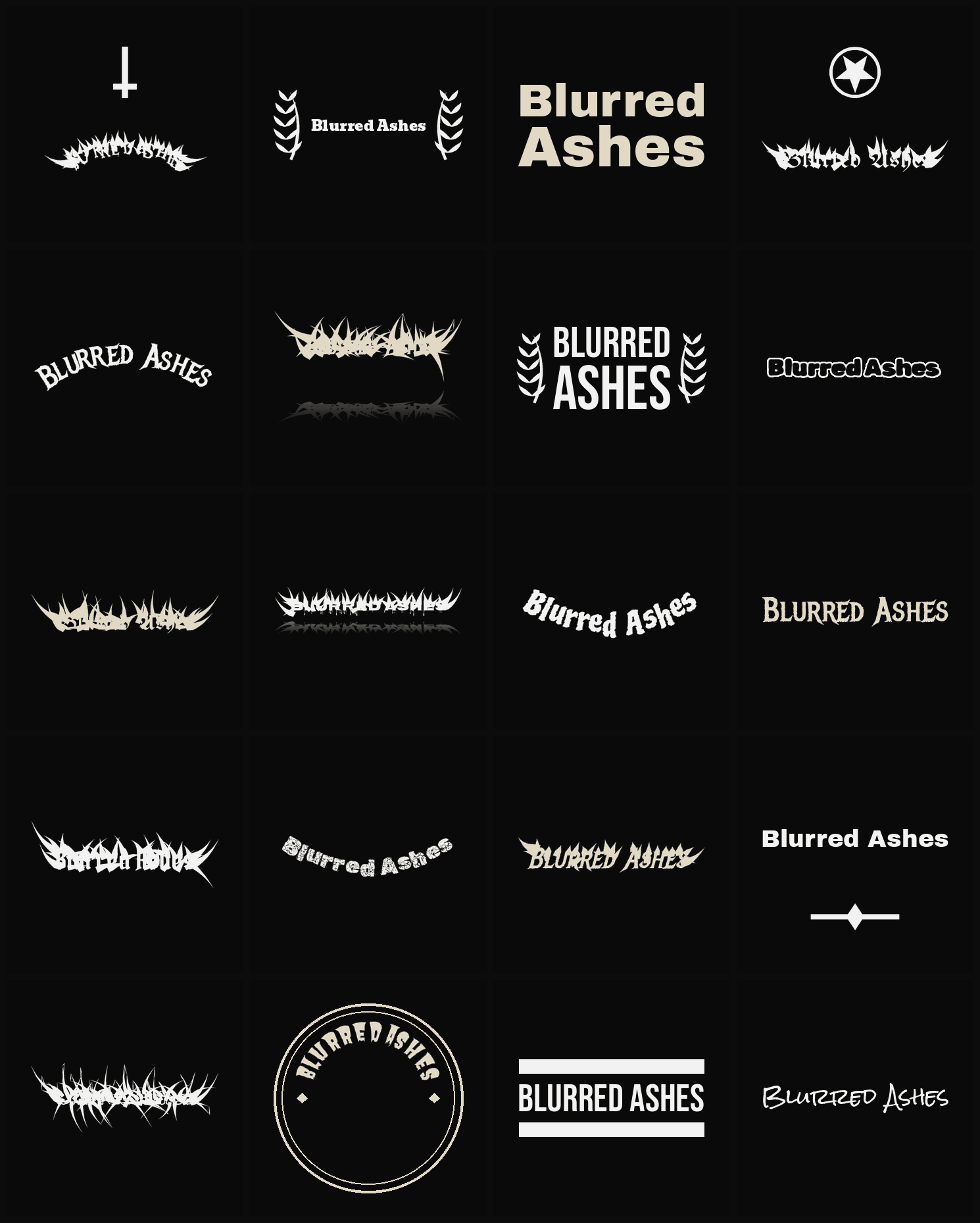 Twenty Blurred Ashes band logo ideas — different faces, treatments and spike settings