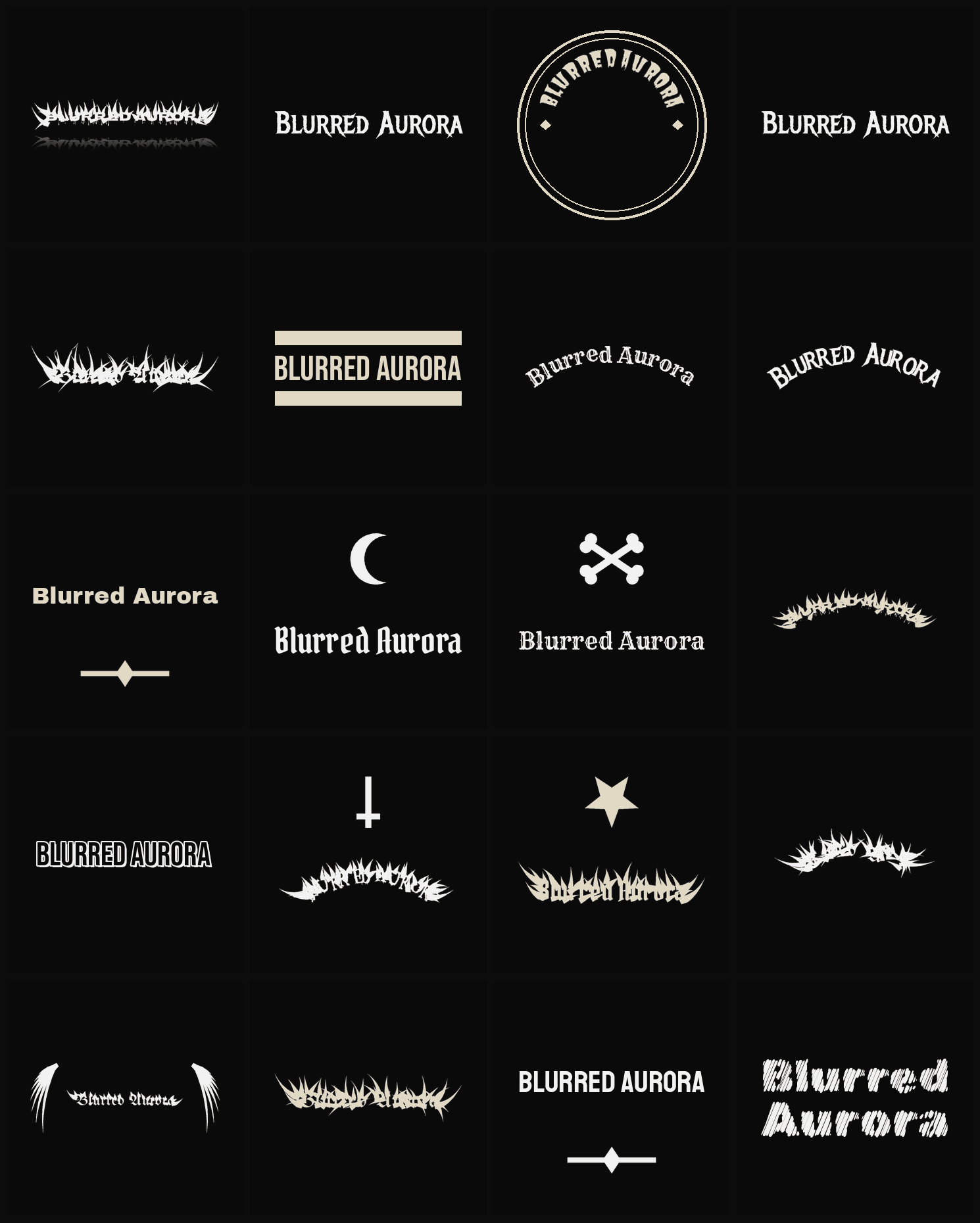 Twenty Blurred Aurora band logo ideas — different faces, treatments and spike settings