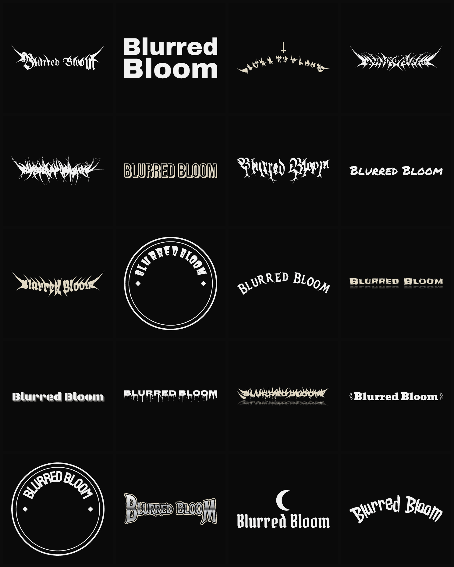 Twenty Blurred Bloom band logo ideas — different faces, treatments and spike settings