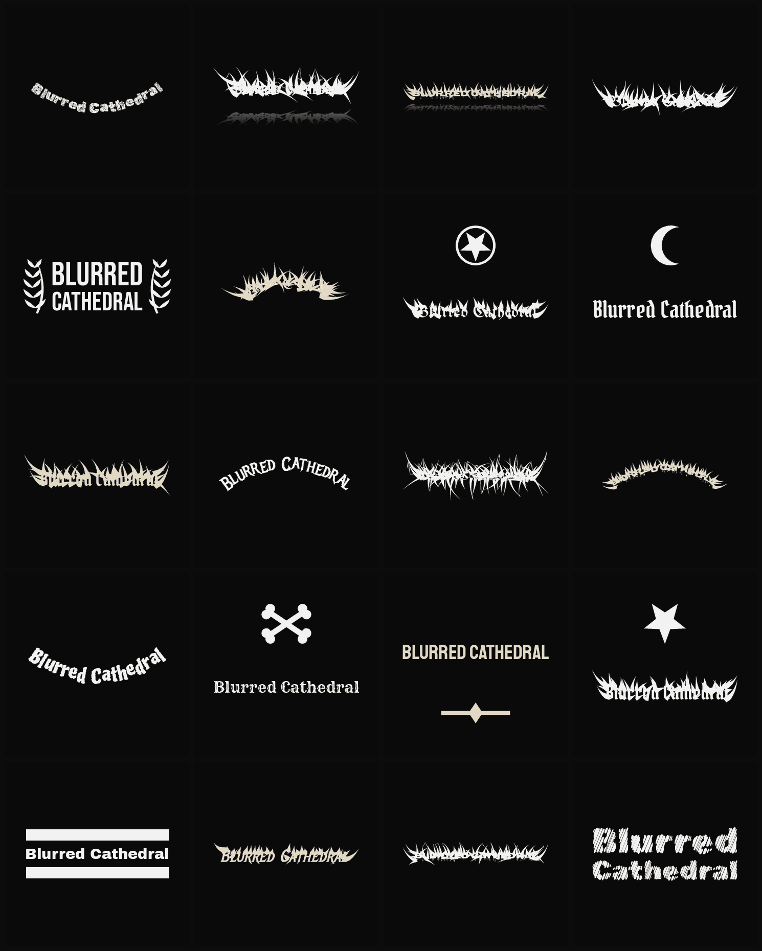 Twenty Blurred Cathedral band logo ideas — different faces, treatments and spike settings