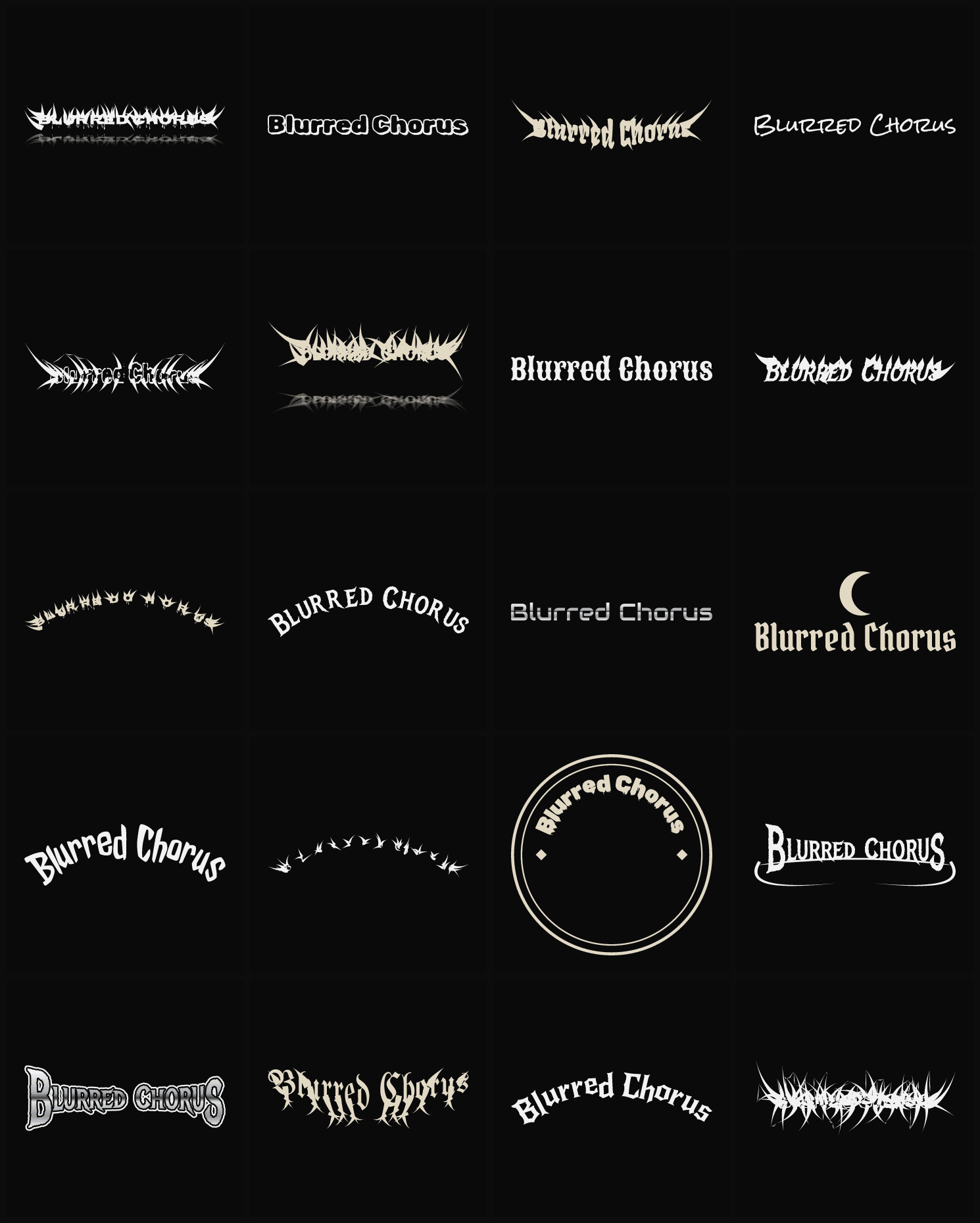 Twenty Blurred Chorus band logo ideas — different faces, treatments and spike settings