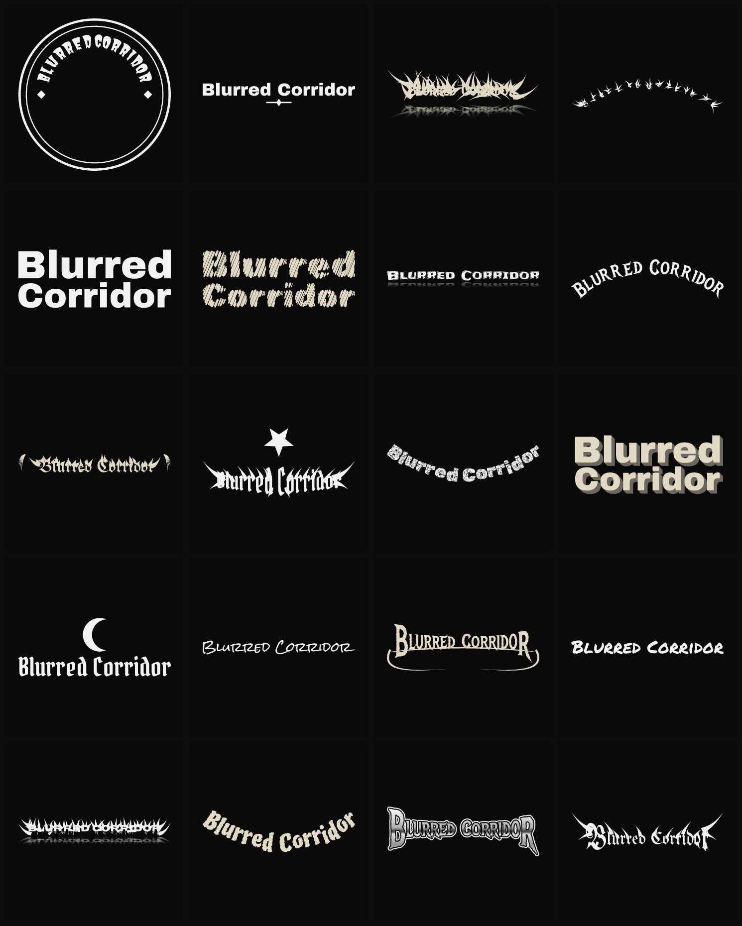 Twenty Blurred Corridor band logo ideas — different faces, treatments and spike settings