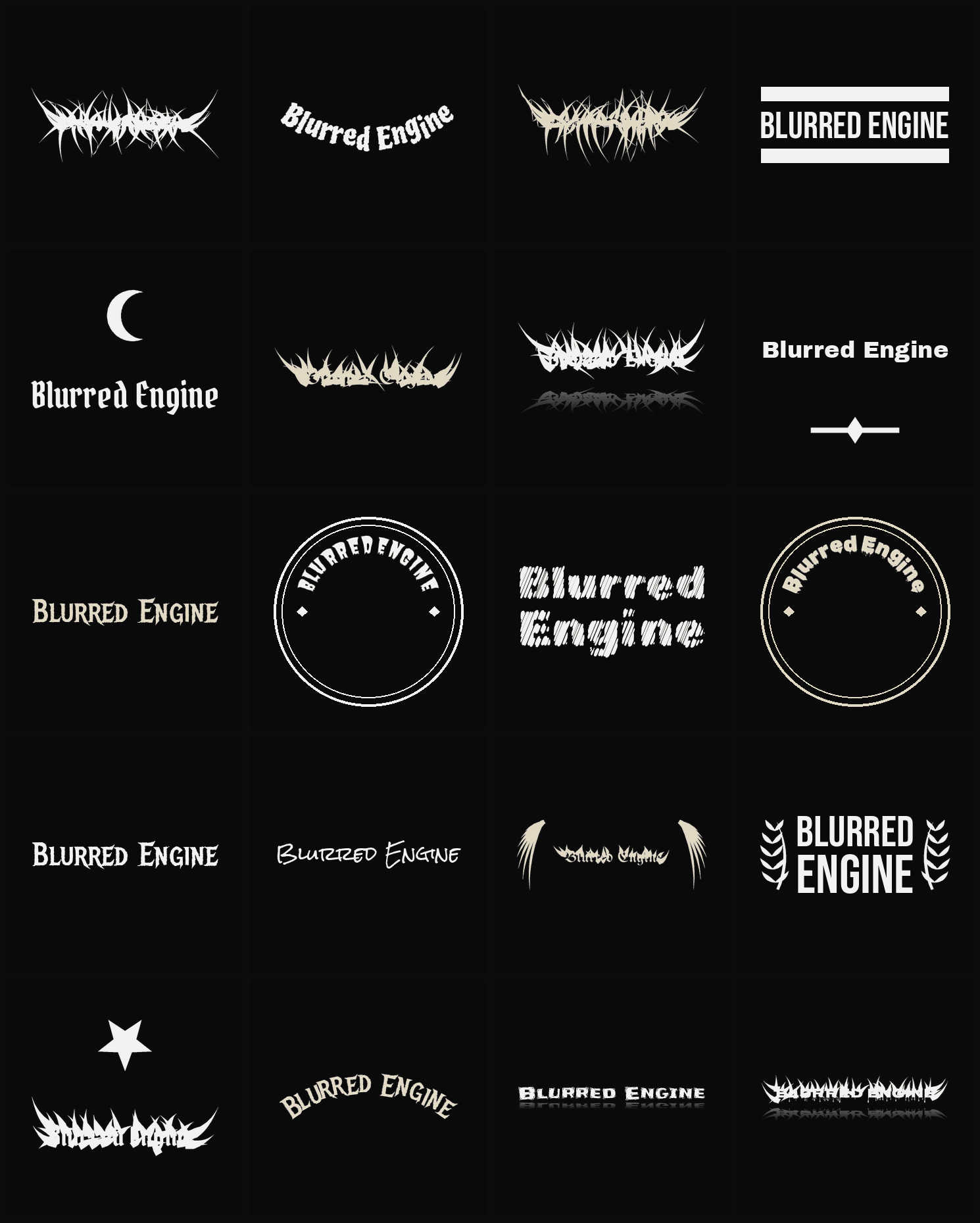 Twenty Blurred Engine band logo ideas — different faces, treatments and spike settings